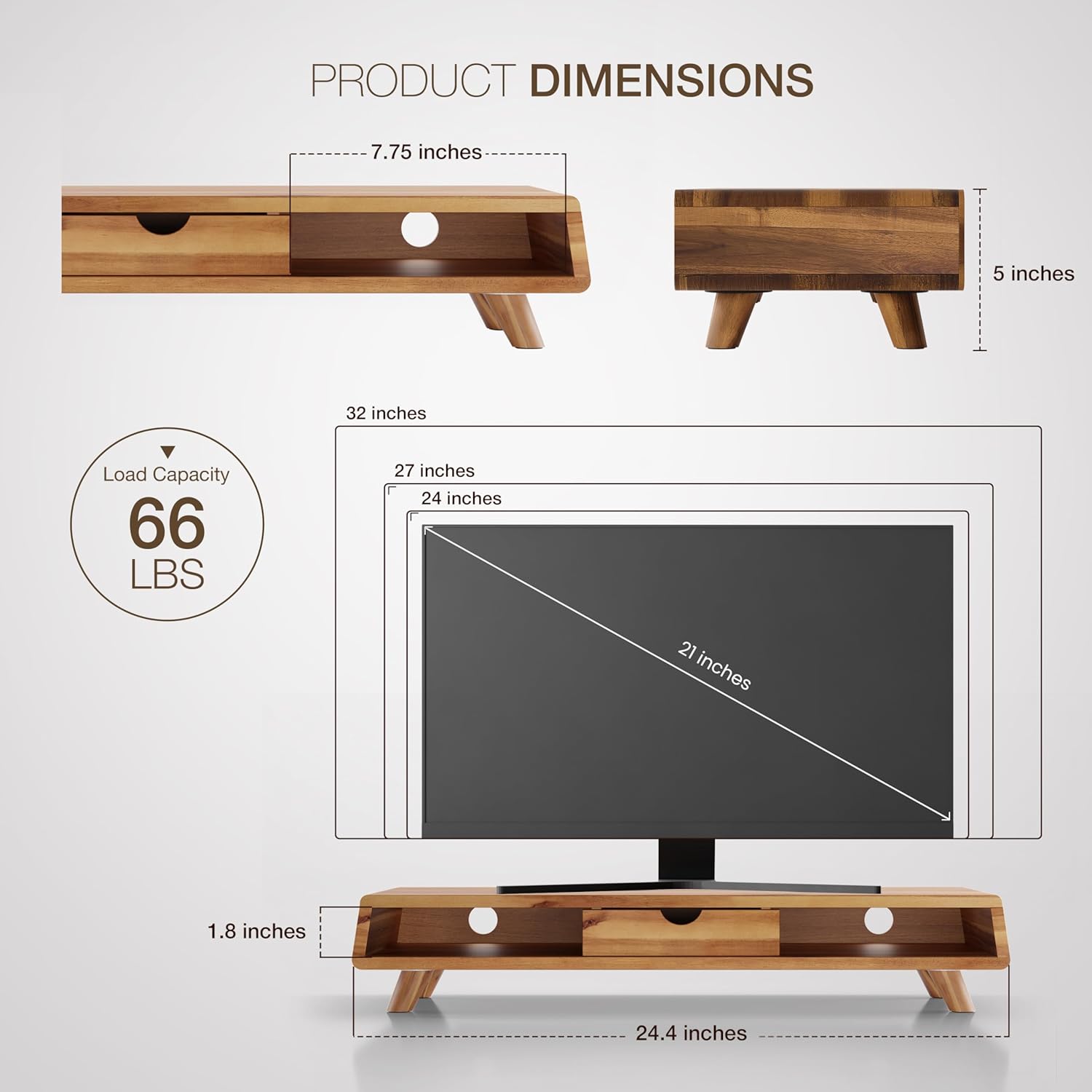 Wood Monitor Stand / Acacia / 24.4 x 8 x 5