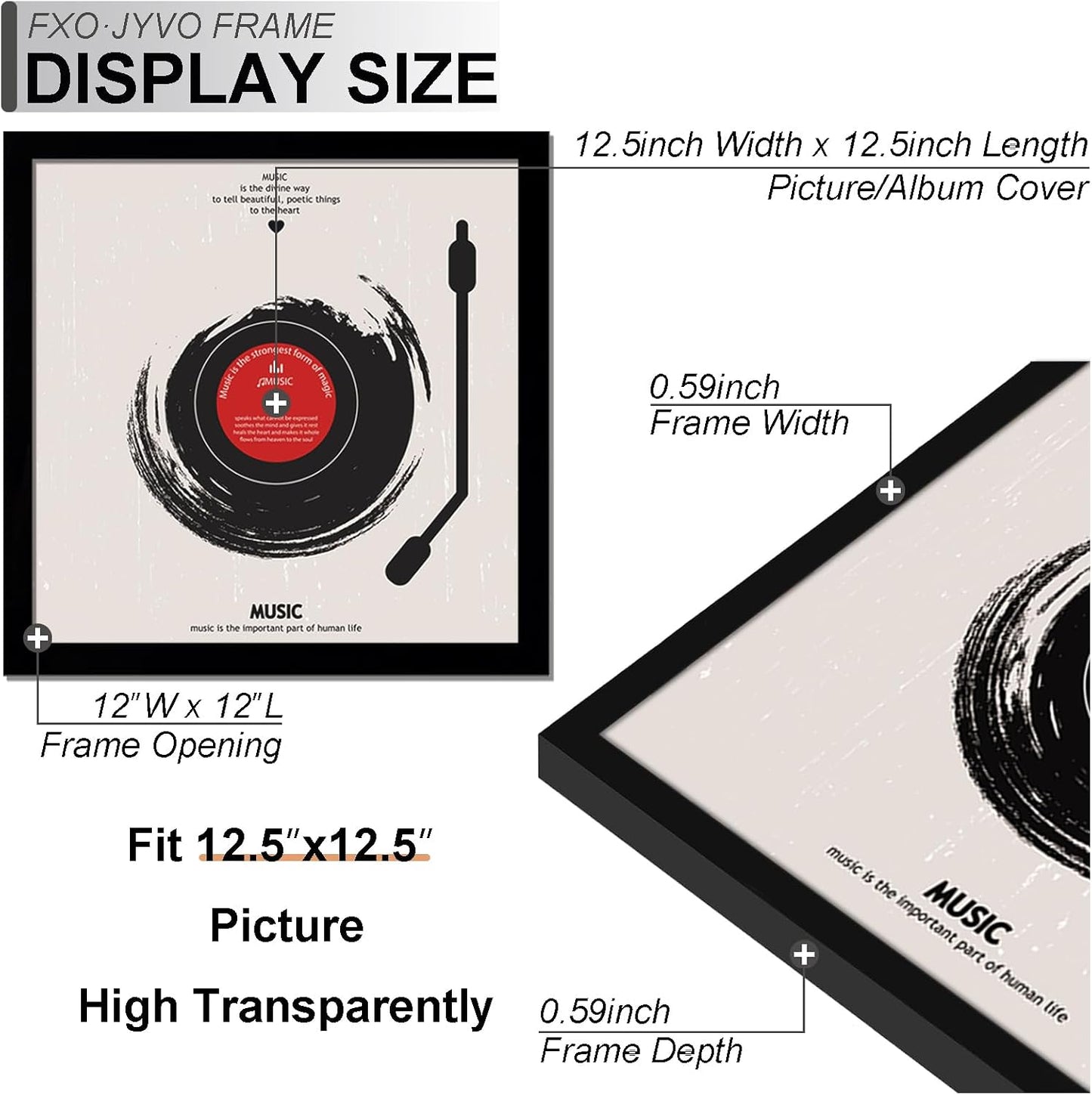 Vinyl Record Frame Display for 12 inch LP with 12.5x12.5 Album Cover | Black 12.5 x 12.5 Frame Light Weight with