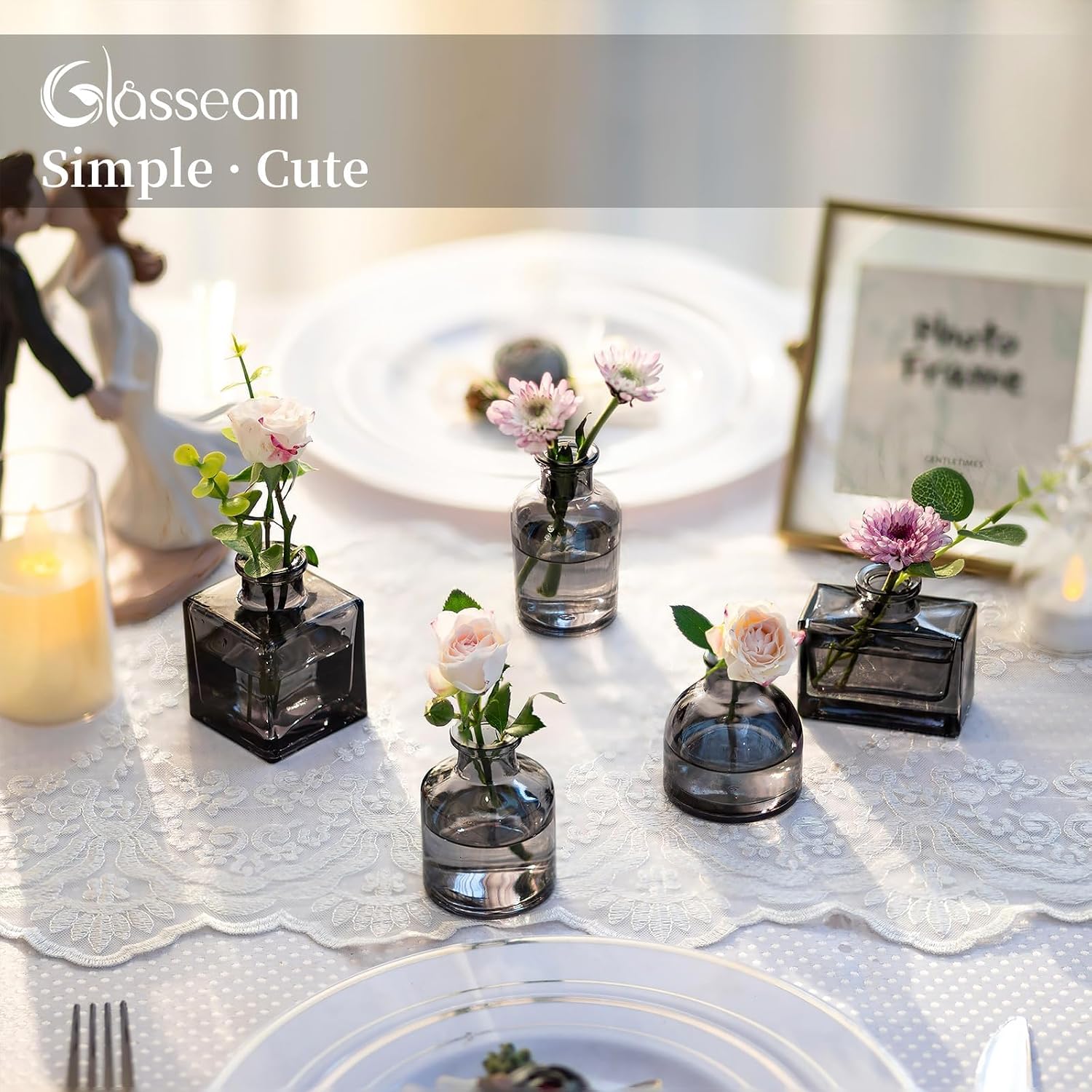 Clear Small Flower Vase Tiny Glass Table Centerpieces Modern / Black Grey / Set of 20