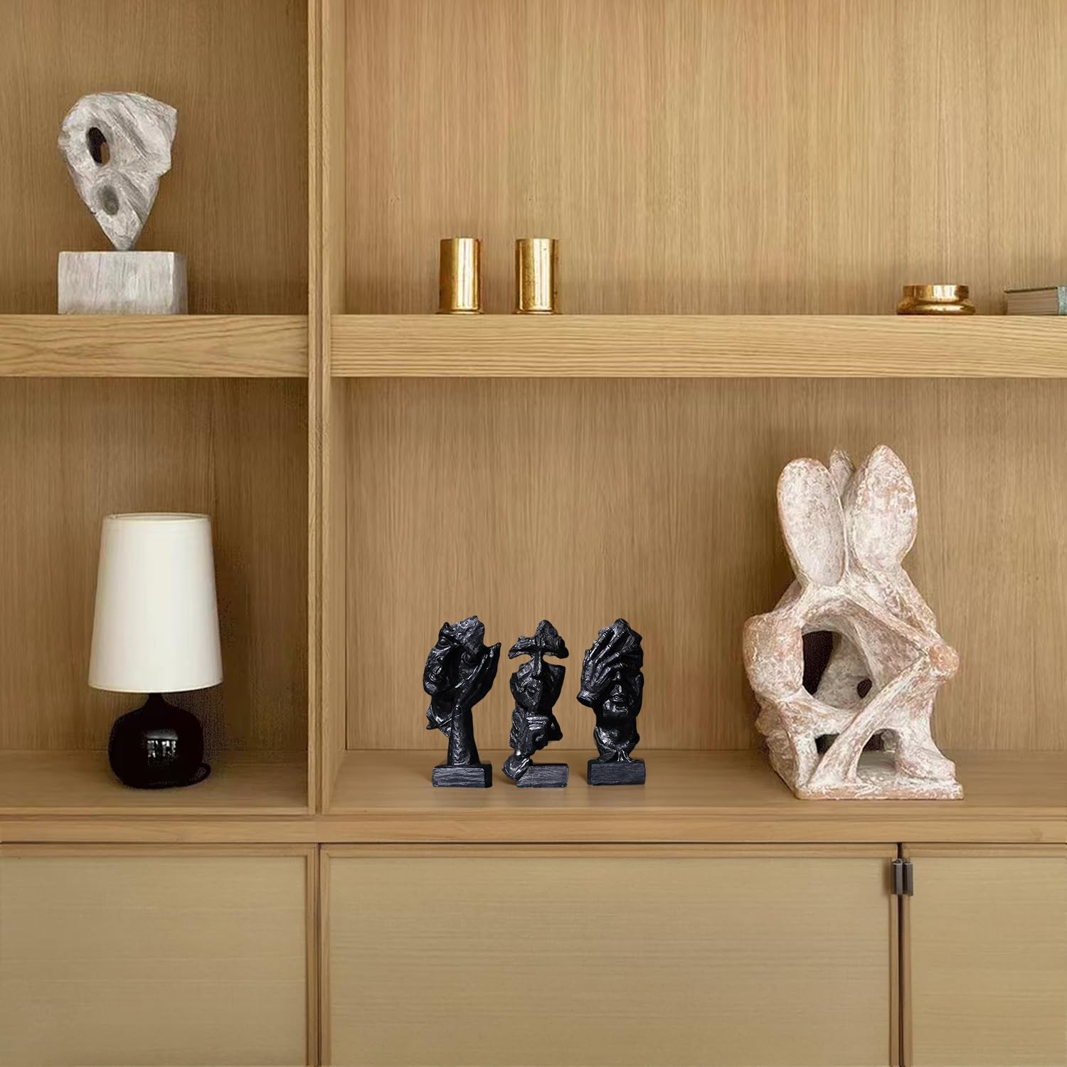 Thinker Statue / Silence is Abstract Art Figurine / Black / Set of 3