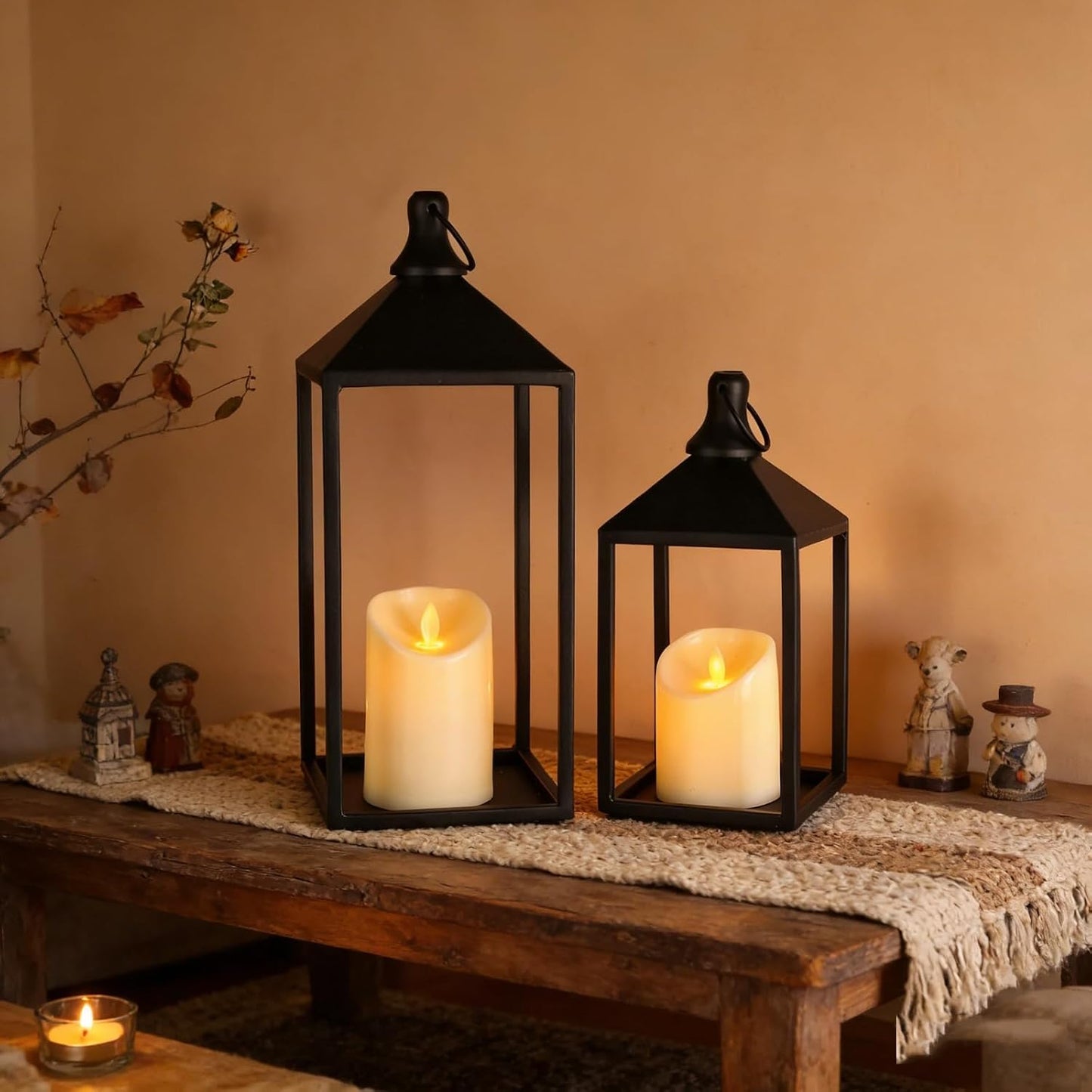 2 Pcs Black Decorative Metal Lanterns Farmhouse Lantern Decor with Candles | 15" 11" Outdoor Candle Lanterns for