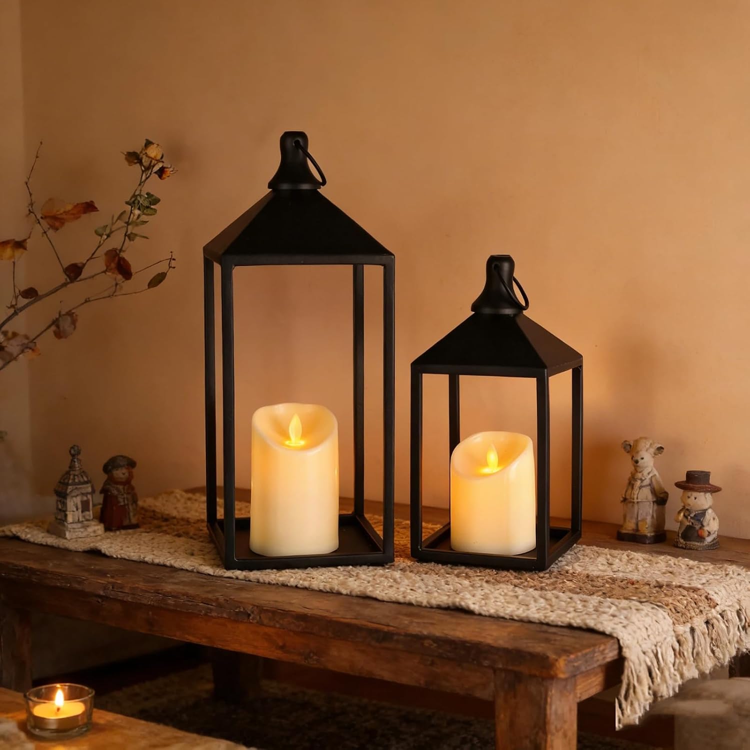 2 Pcs Black Decorative Metal Lanterns Farmhouse Lantern Decor with Candles | 15" 11" Outdoor Candle Lanterns for