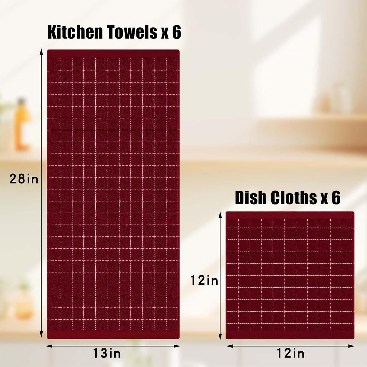 Homaxy Kitchen Towels and Dishcloths Set, Set of 12, Brick Red | Bulk Cotton Terry Kitchen Towels, Checkered Designed