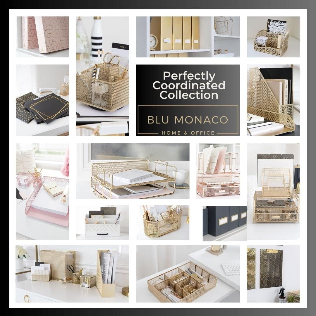 BLU MONACO | Cardboard Magazine File Holder Set of 4 Gold White Stripes | Vertical Magazine File Holder with Label