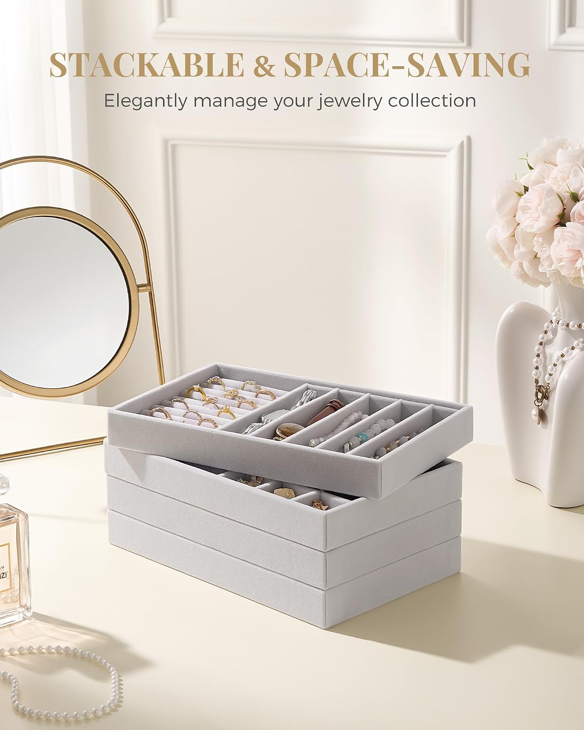 Stackable Velvet Tray Jewelry Storage Organizers Set Display Cases / Grey / A5 Size, 4 Packs