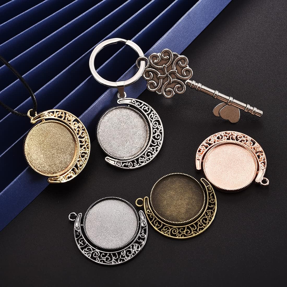 Moon Rotation Pendant Trays Kit- Double Side Cabochon Setting and Rond Glass / 25mm / Set of 60