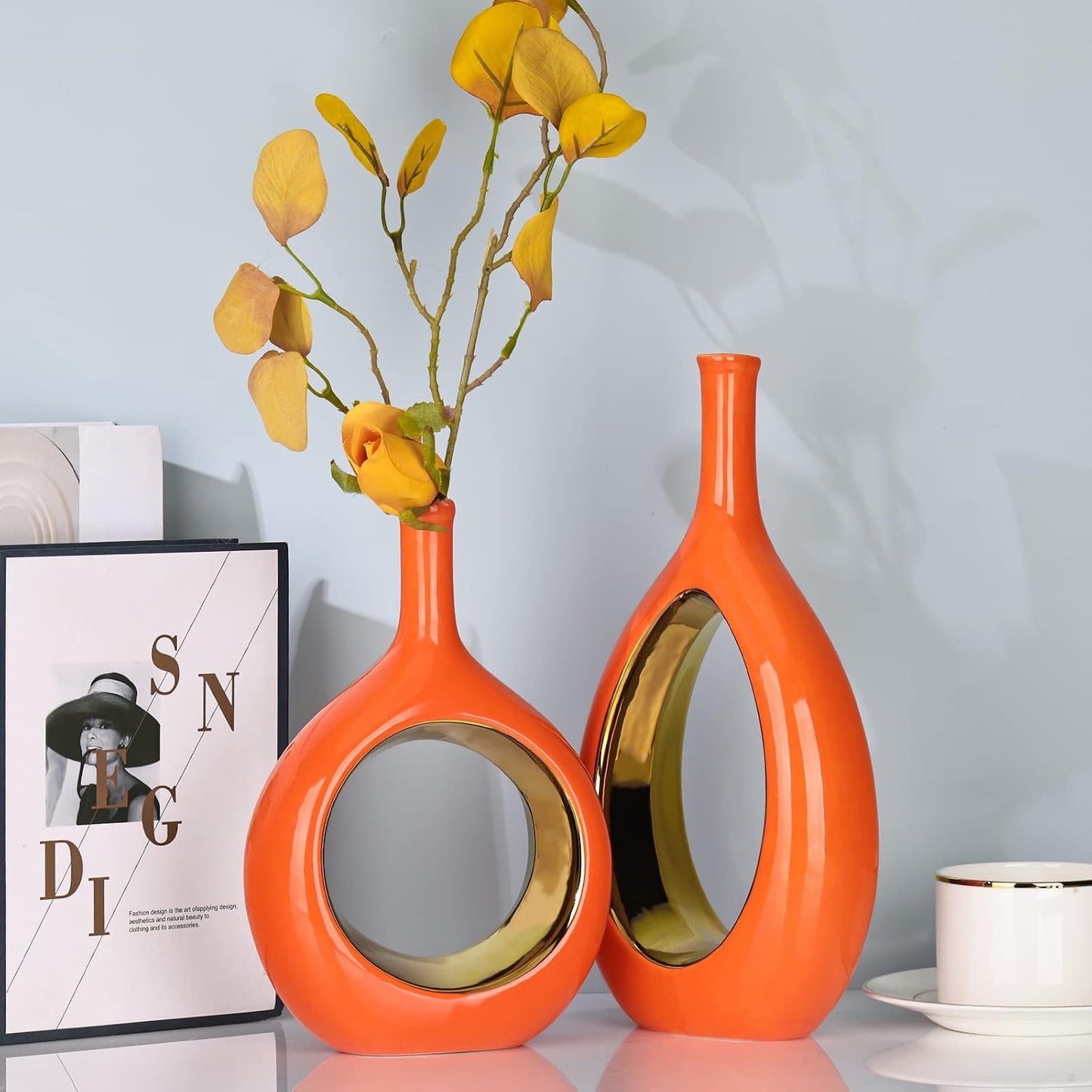 Modern Vases / Ceramic Orange and Gold Vase / Orange Gold / Set of 2