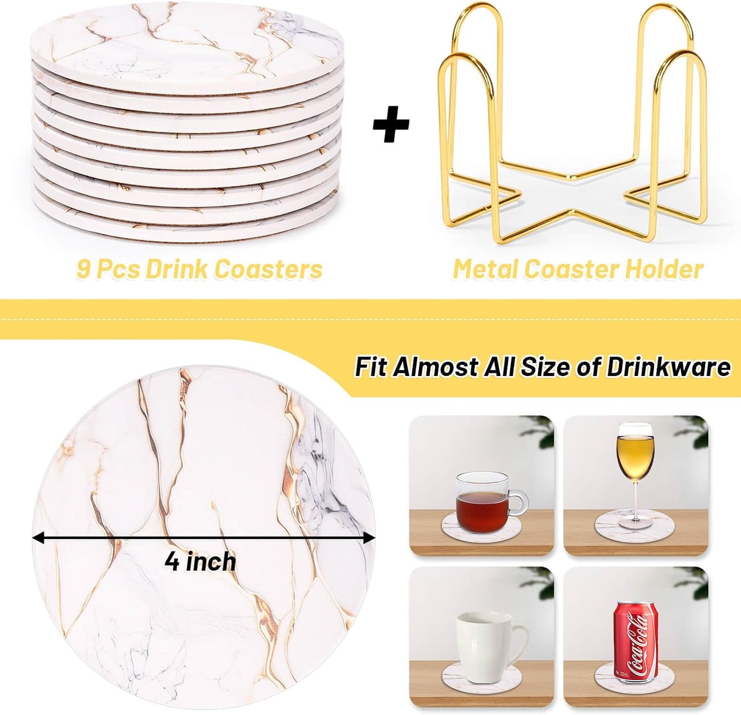 Holder / Ceramic Drink Coasters / Gold White / Set of 9