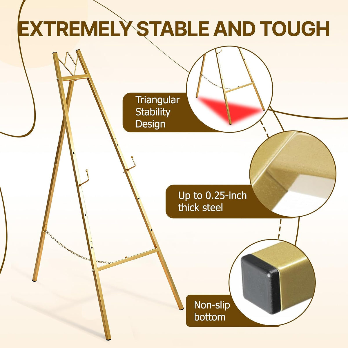 57.5" Gold Easel Stand for Sign, Wedding Sign Stand for Display | 4 Adjustable Height Levels Heavy Duty Metal Display
