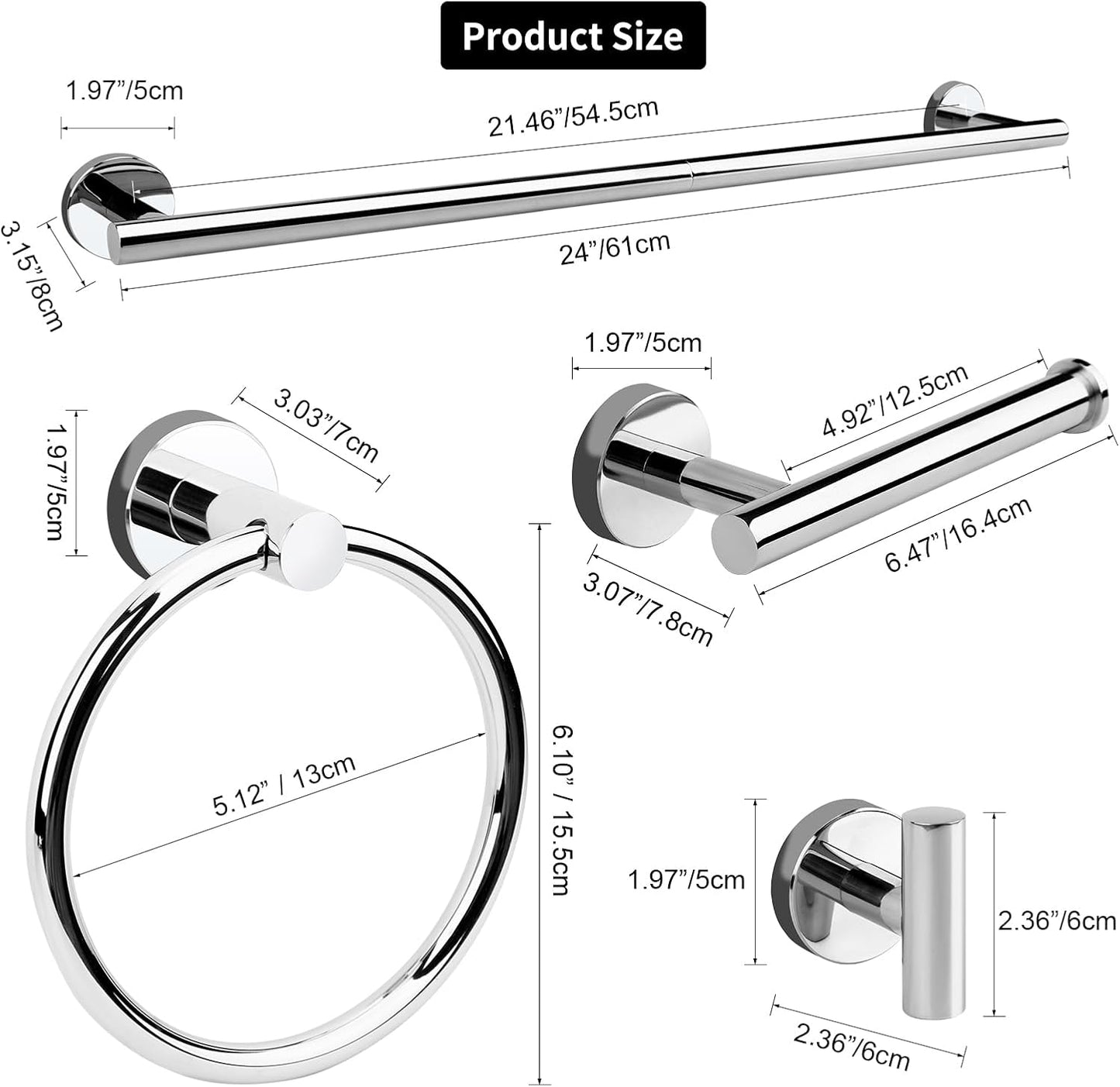 Polished Chrome Bathroom Hardware Accessories Set 5 Piece, Stainless Steel Bath Towel Bar Set 24 Inch,Toilet Paper