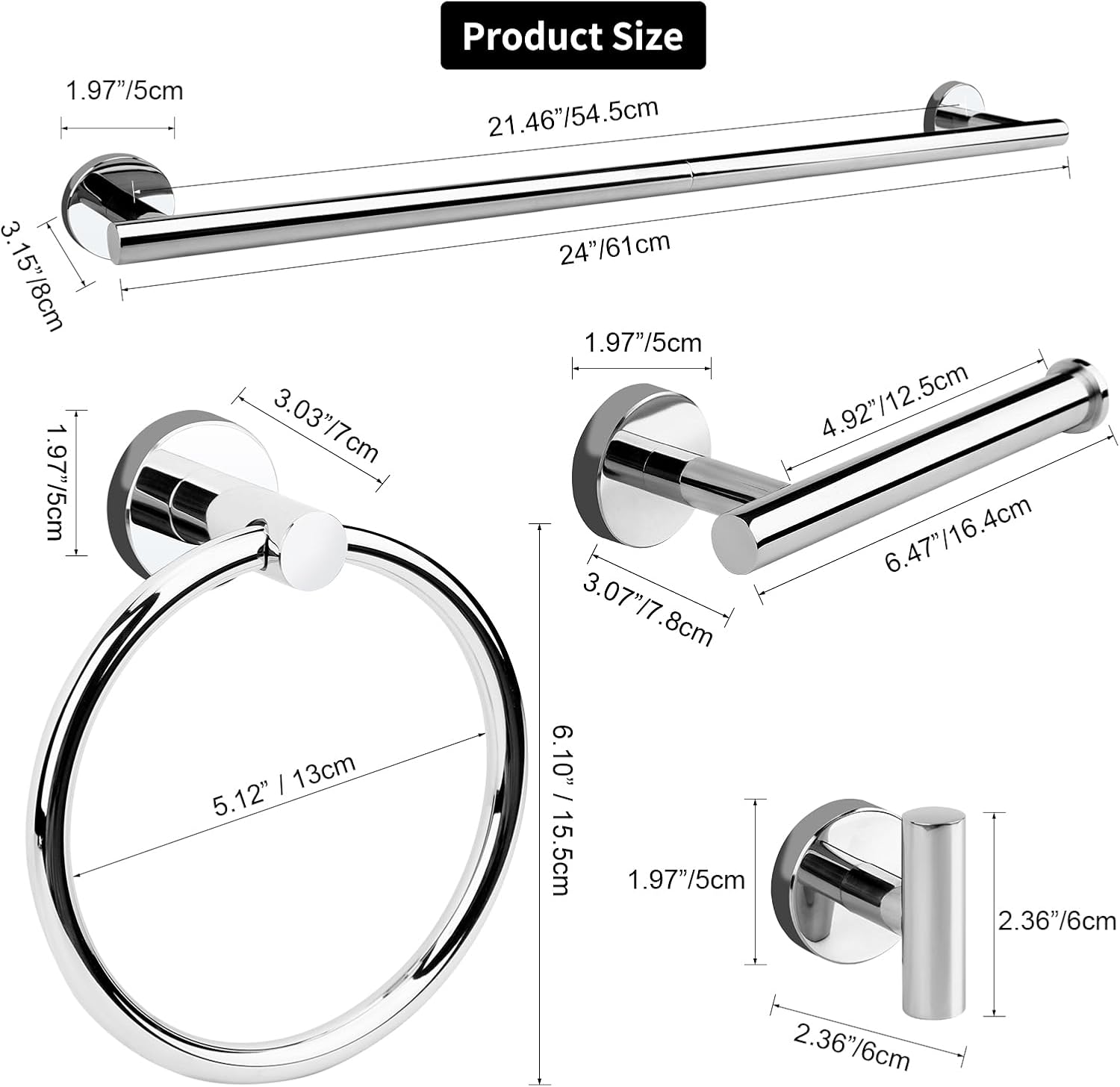 Polished Chrome Bathroom Hardware Accessories Set 5 Piece, Stainless Steel Bath Towel Bar Set 24 Inch,Toilet Paper