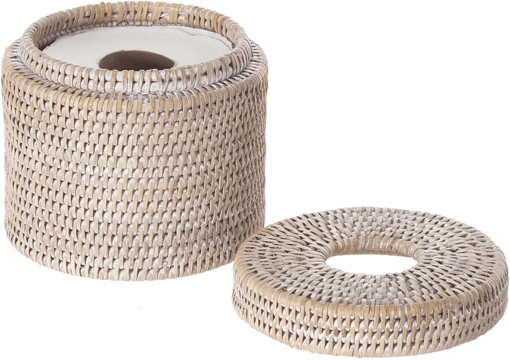 KOUBOO La Jolla Rattan Toilet Paper Holder with Lid, White Wash, Bathroom | Handwoven natural texture, freestanding