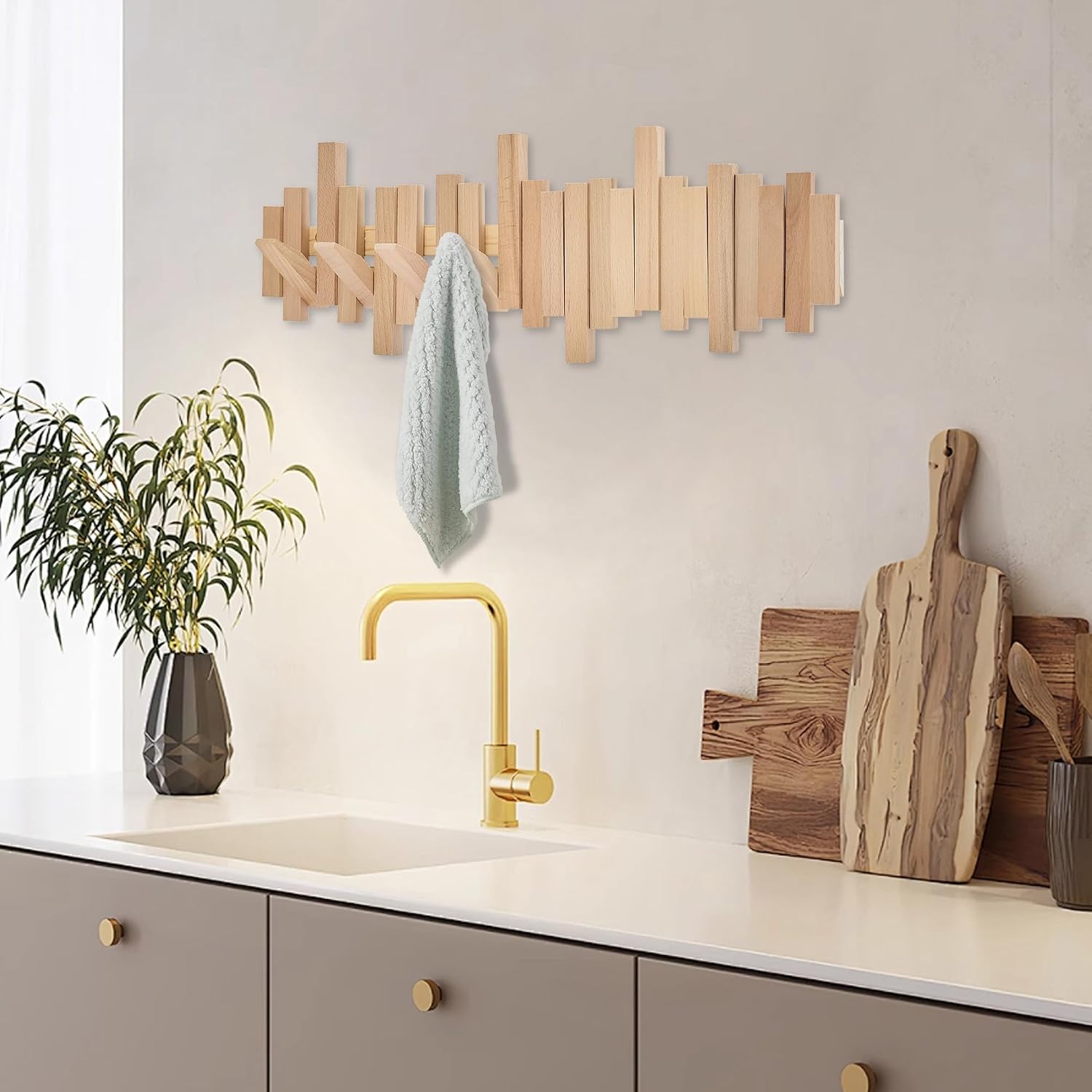 Natural Wood Wall Mounted Piano Coat Rack | Mounted Coat | Flip Up Wall Hook 8 Hooks | Entry Art Hooks in Walnut (Wood