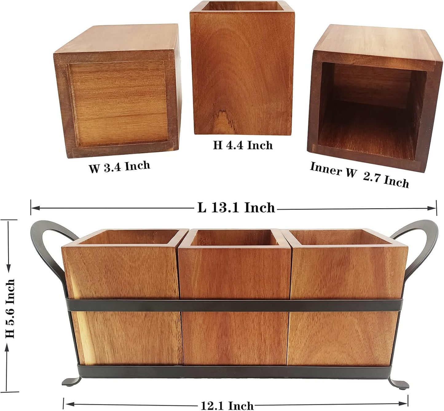 NelyBet Utensil Caddy Silverware Cutlery Holder with 3 Compartment, Wooden Utensil Crock Flatware Organizers with Metal