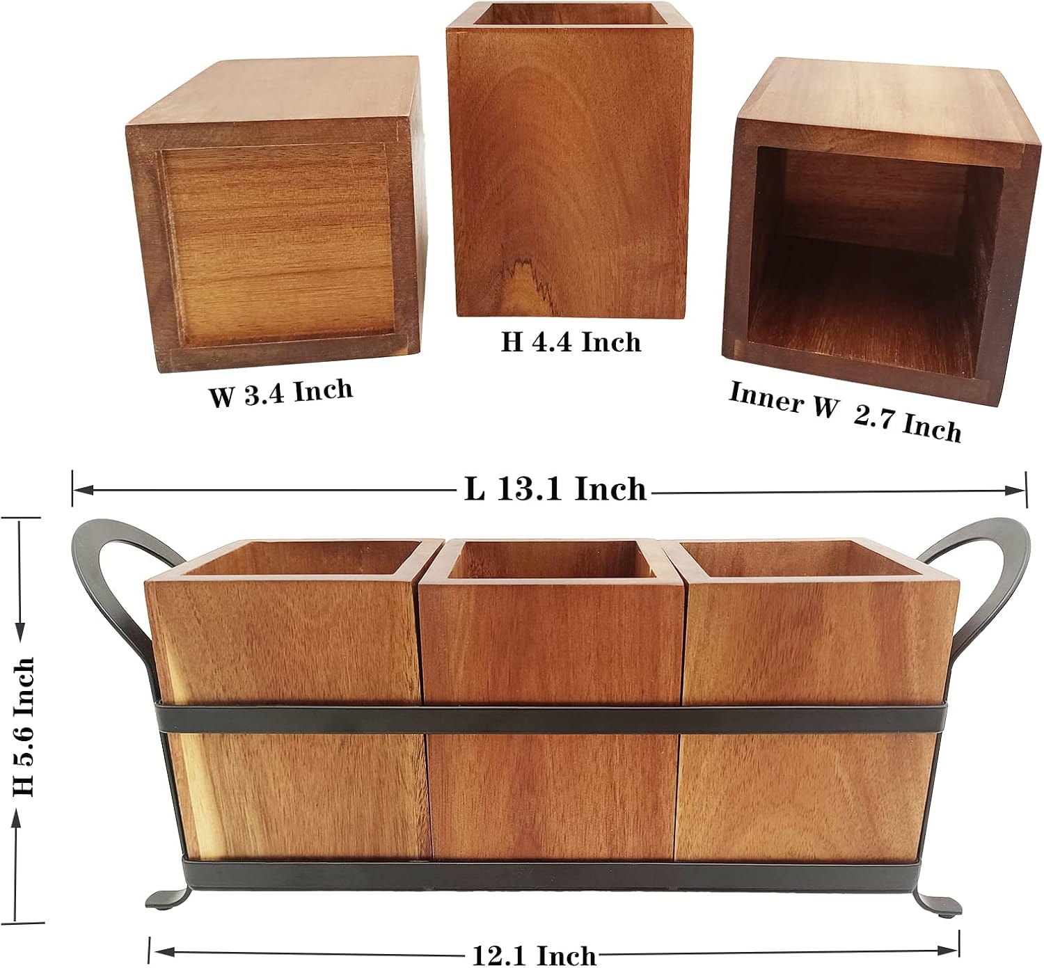 NelyBet Utensil Caddy Silverware Cutlery Holder with 3 Compartment, Wooden Utensil Crock Flatware Organizers with Metal