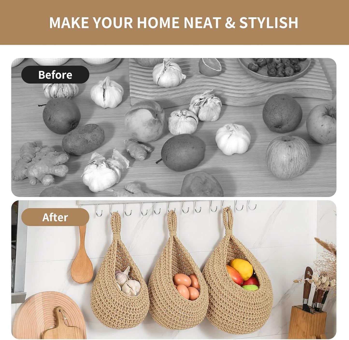 Boho Wall Hanging Fruit Baskets / Linen / Set of 6