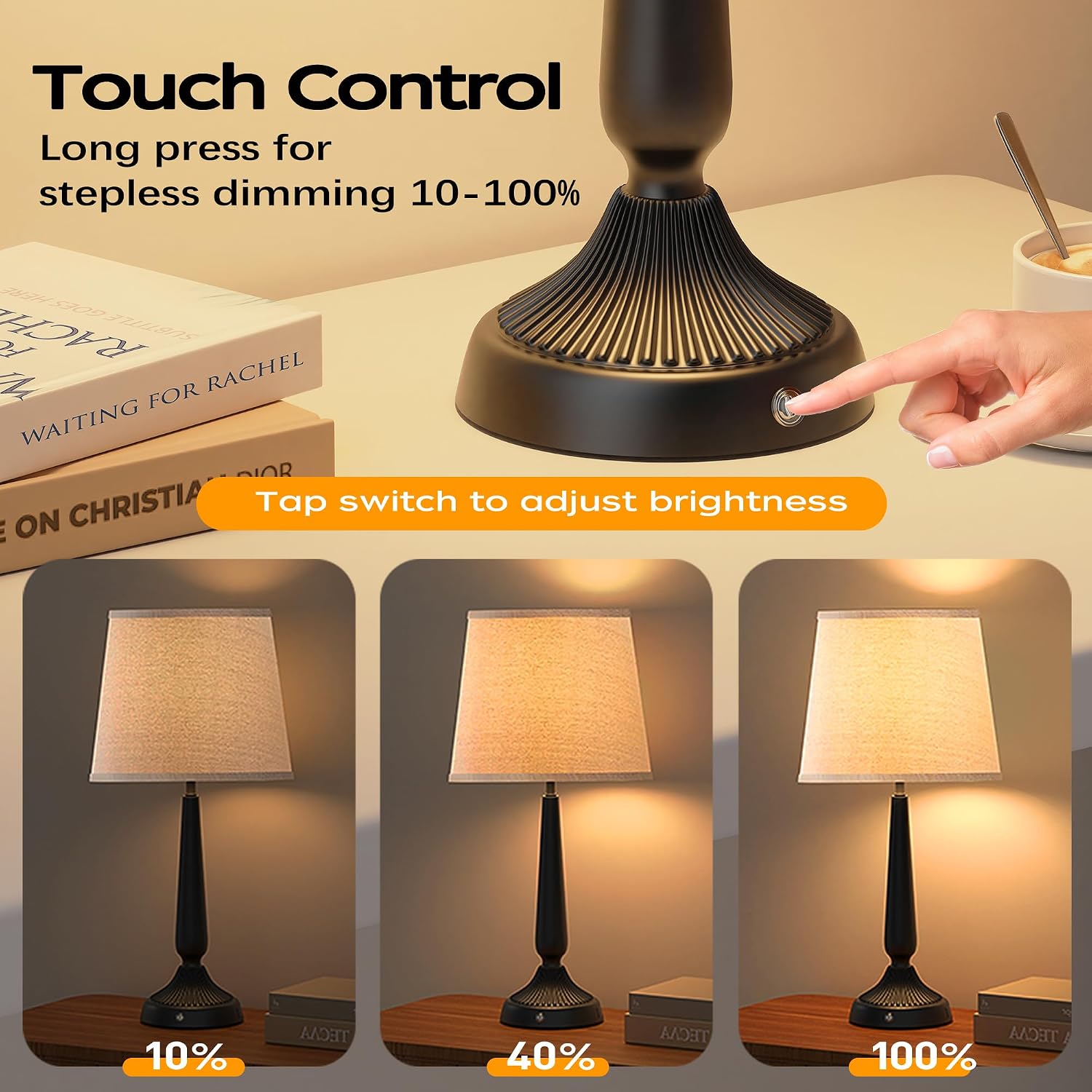 Cordless Table Lamp, 5000mAh Battery Rechargeable Touch Lamp, 3-Level Brightness Bedside Lamps, Modern Black Iron