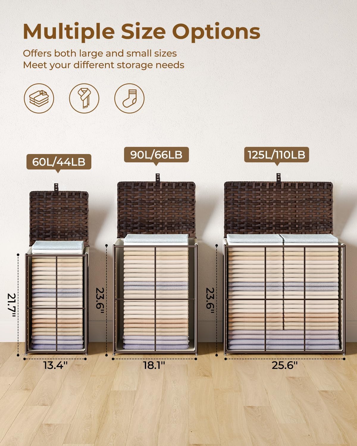 2 Removable Liner Bags & 2 Mesh Laundry Bags / Brown / 13.4 x 13.4 x 21.7 / 60L