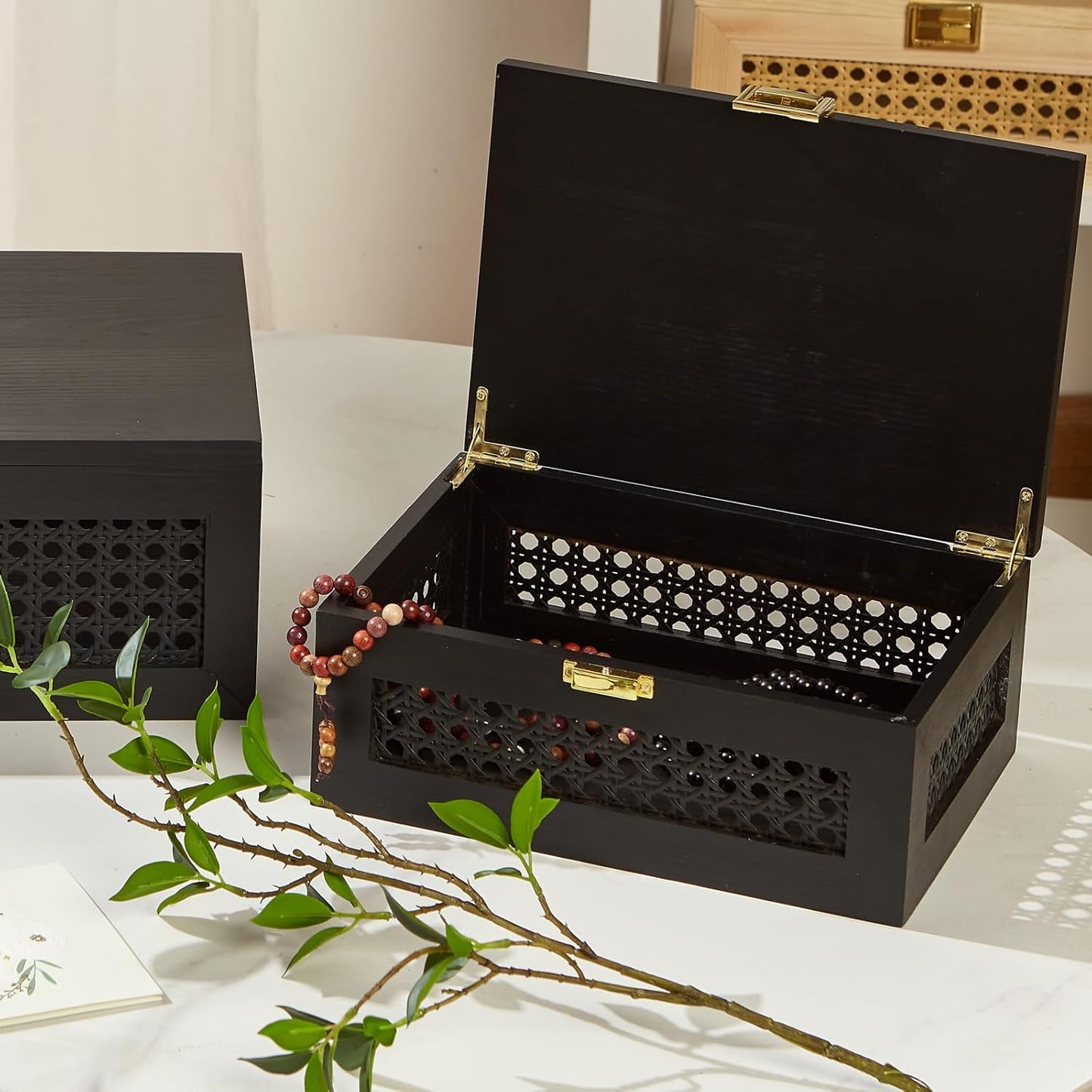 Decorative Rattan Storage Boxes Solid Wood Woven Baskets Bins / Black