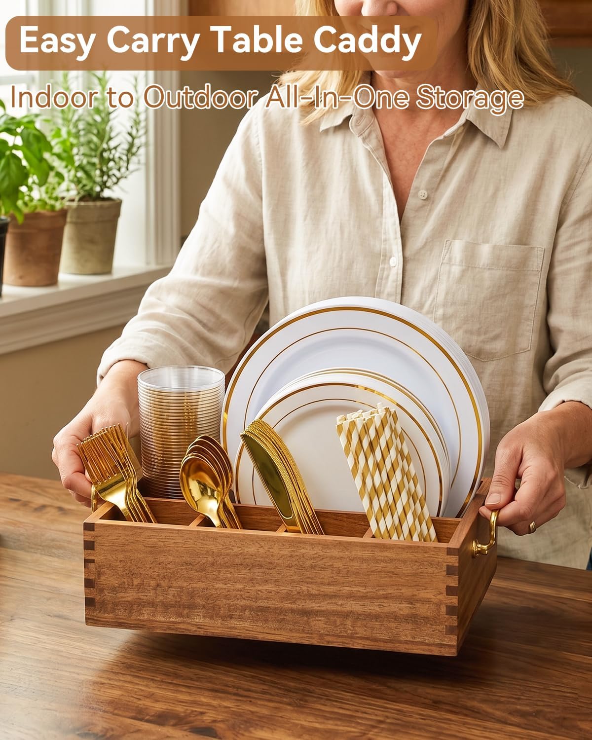 Rotating Acacia Wood Utensil Caddy with Handles, 7 Compartments for Paper Plates, Silverware and Straws, Perfect for
