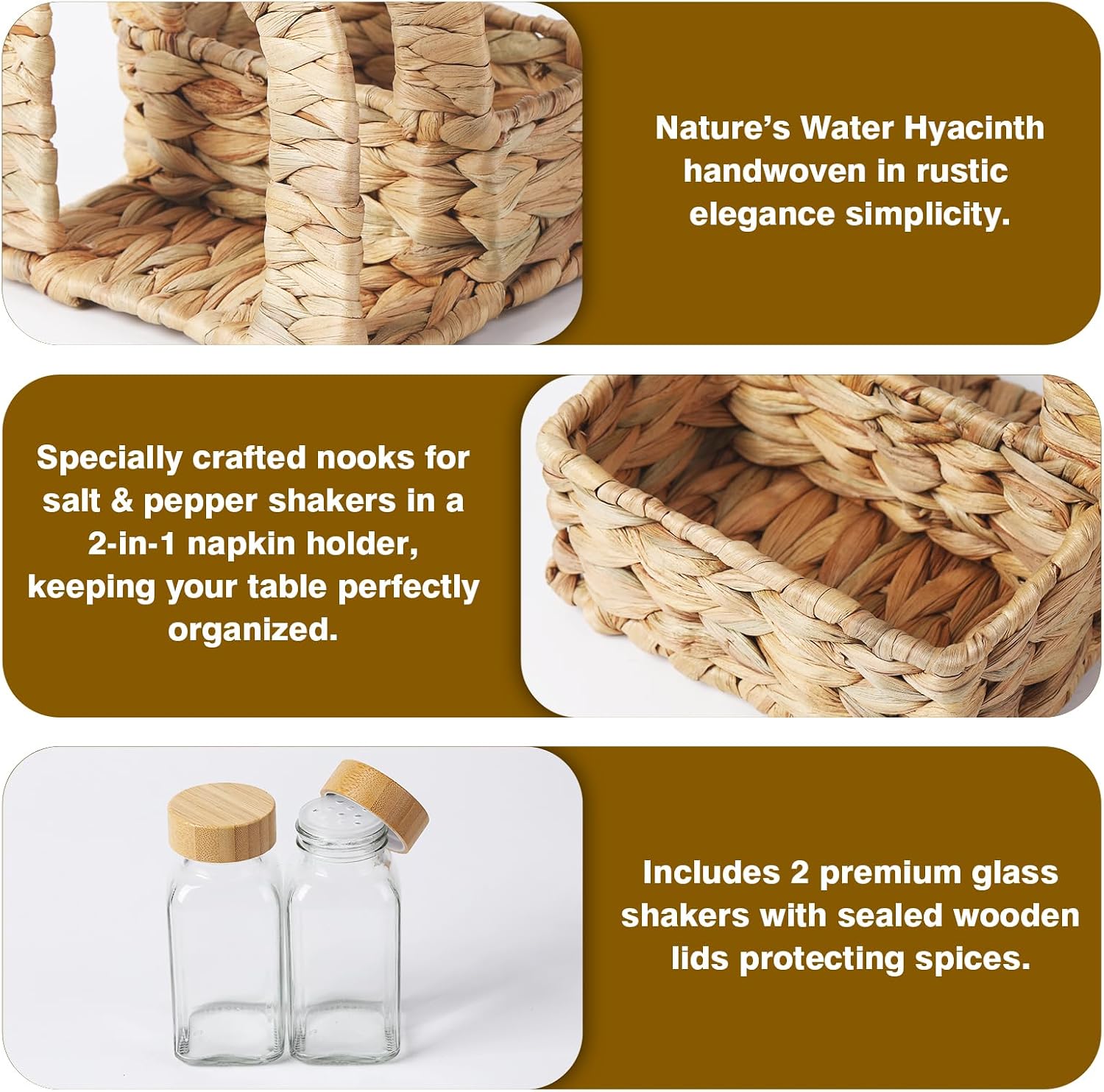 Napkin Holder / Woven Includes 2 Glass Shakers / Water Hyacinth / 5.5*5.5*5.5 / Natural