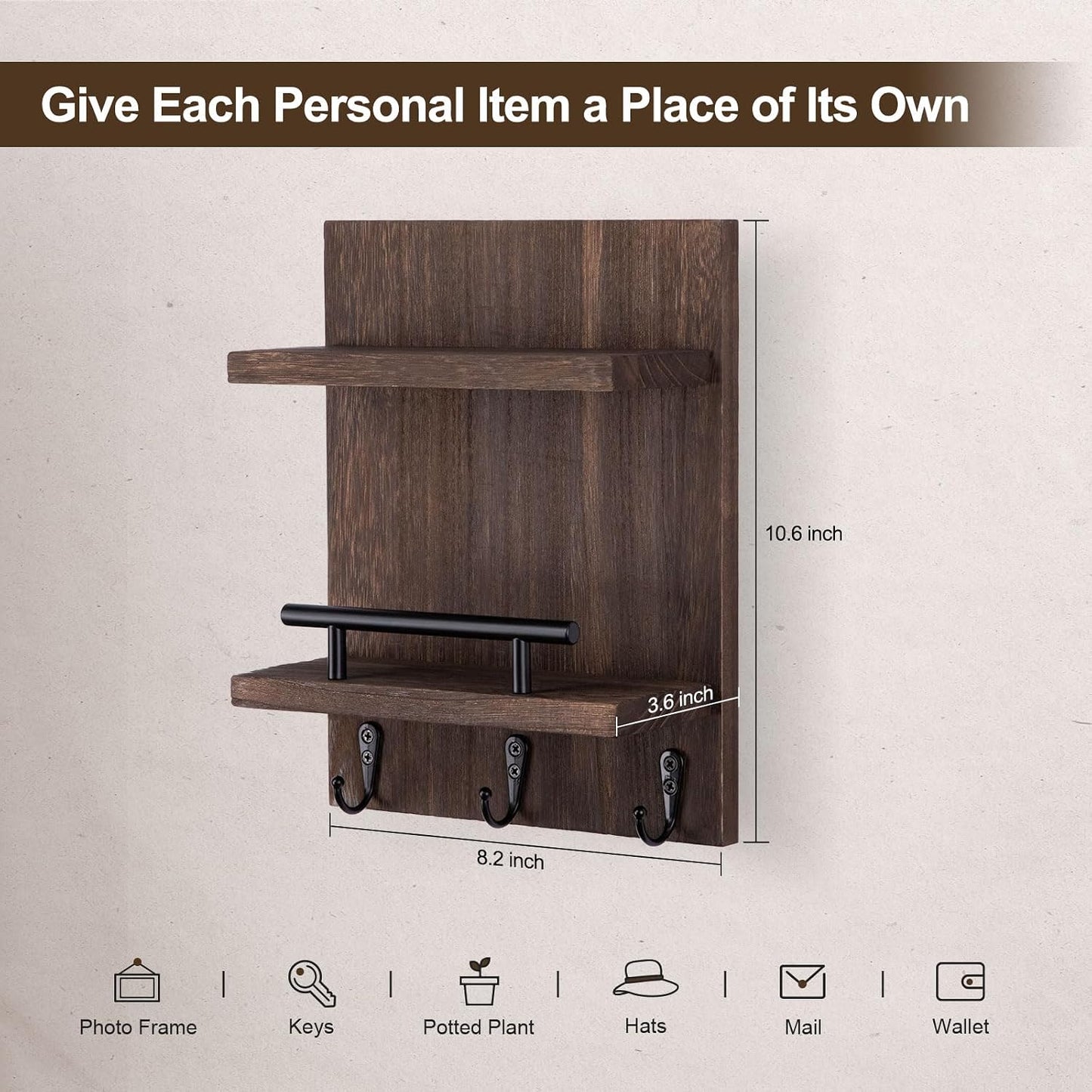 Versatile Wood Wall Organizer for Entryway Hallway 8.2" x / Brown