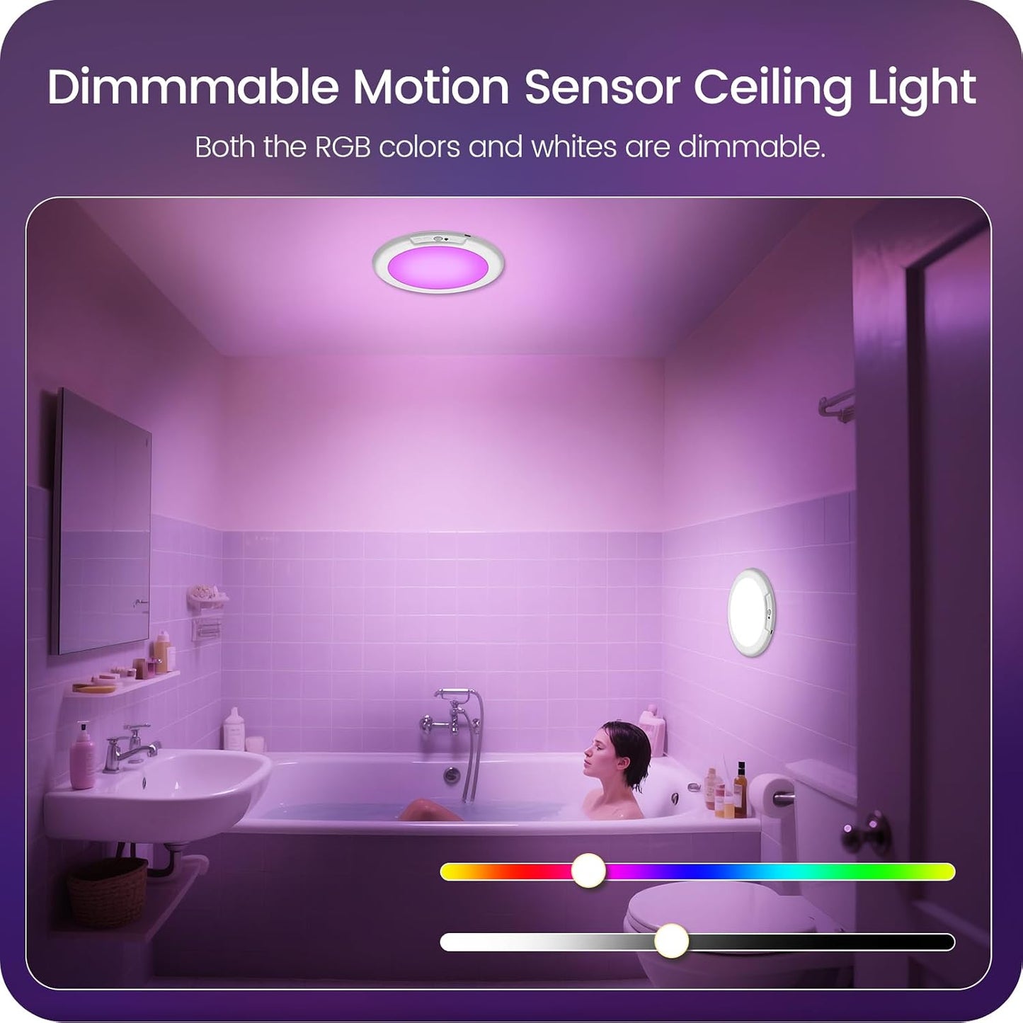2 Pack Motion Sensor Rechargeable Shower Lights with Remote, RGBW Battery Operated Ceiling Light, Wireless, Color