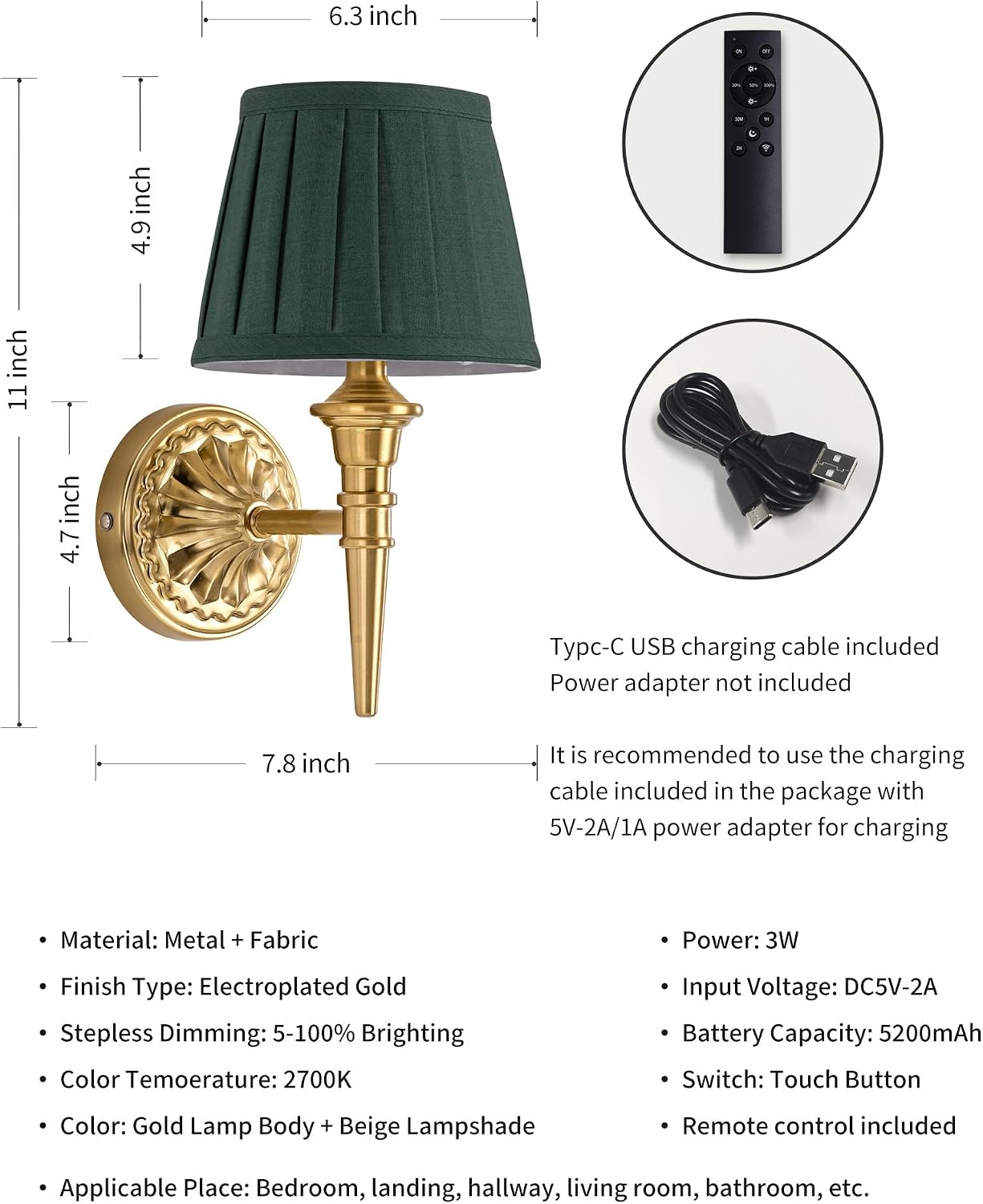 KDG Cordless Gold Wall Sconces Set of 2, Green Fabric Lampshde Wall Lamps | Small LED Wireless Portable Rechargeable