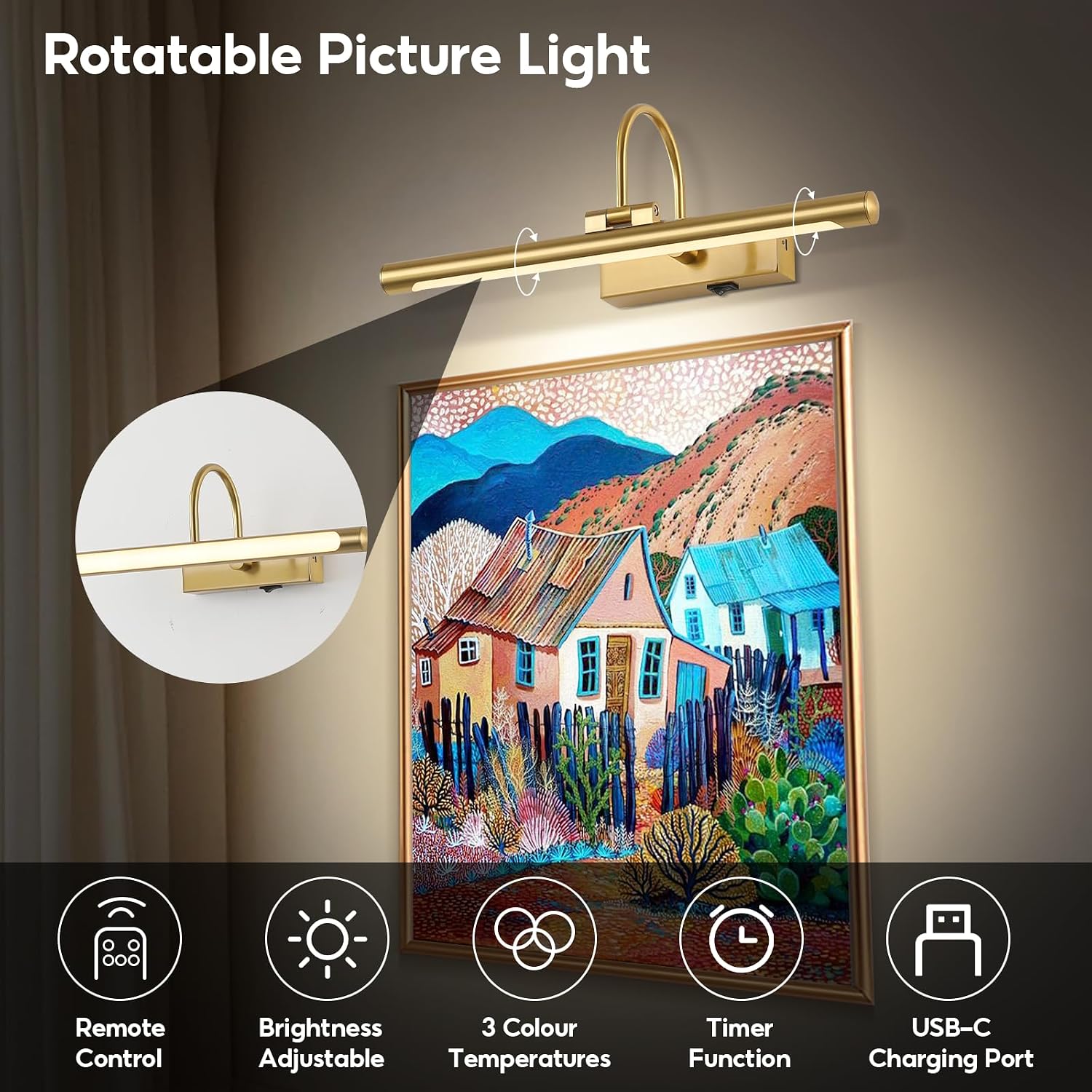24" Wireless Battery Operated Picture Light for Wall Brass Gold Rechargeable Wall Light with Remote and Timer 9000mAh