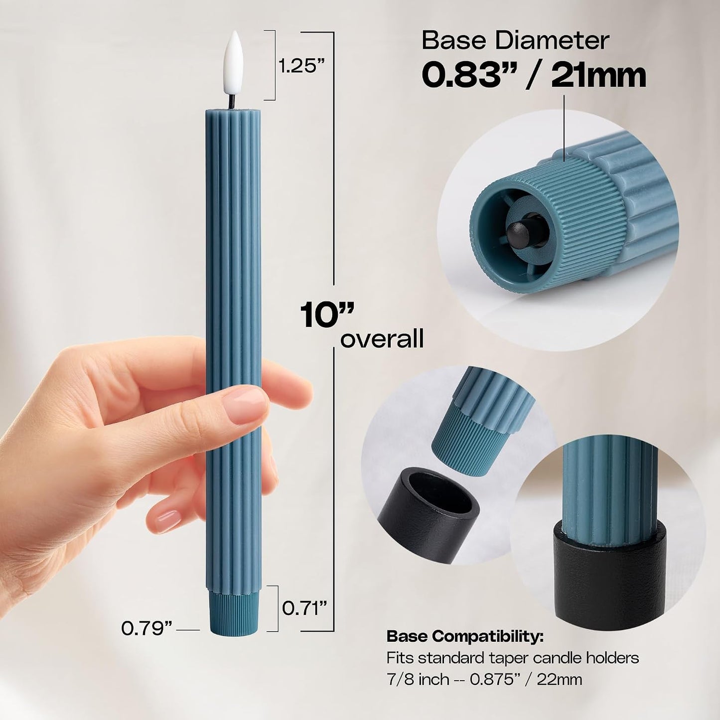 10" Fluted Ribbed LED Blue Grooved Pillar Candles with 2 Remotes & 24h Timer Memory, On/Off Switch - Flameless Dimmable