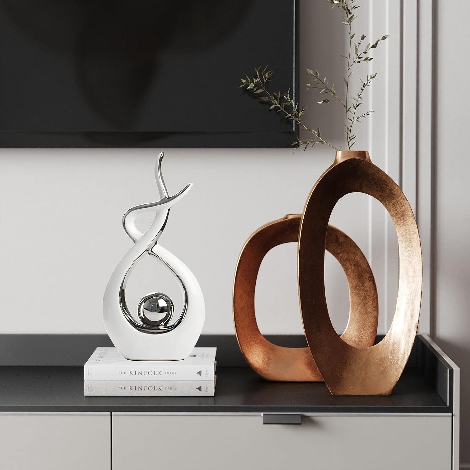 Home Decor Modern Abstract Art Ceramic Statue Table Decorations / White and Silver / Large