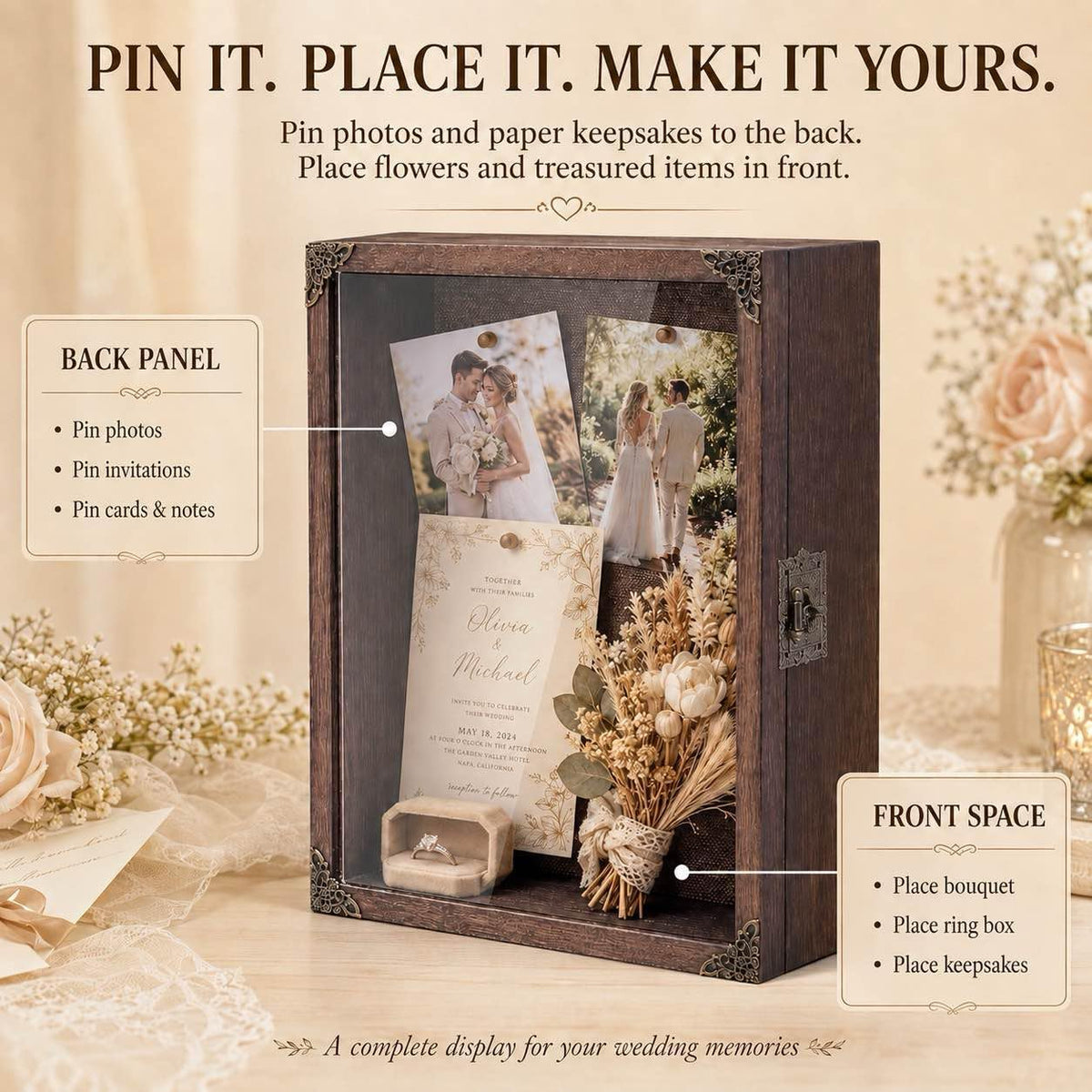 Deep Shadow Box Frame 11x14, 4.7in Depth Shadow Boxes Display Case with Soft Linen PIN Board, Vintage Charred Finish &