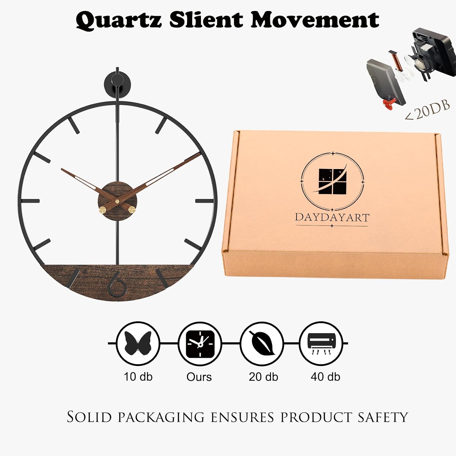 Modern Wood Walnut Dial Wall Clock, Large Simple Wall Decor Metal Frame Silent Non Ticking Clock for Living Room Decor
