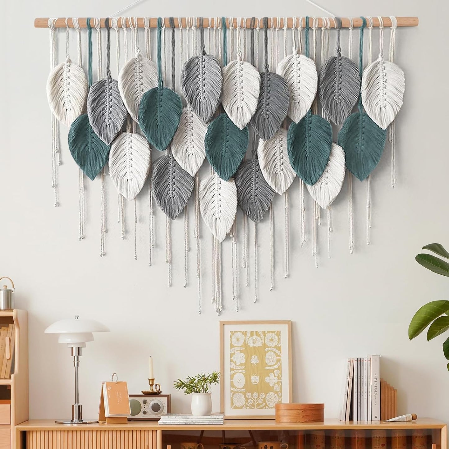 Large Macrame Wall Hanging Boho Home Decor / Grey Cyan-39"w x 29.5"L
