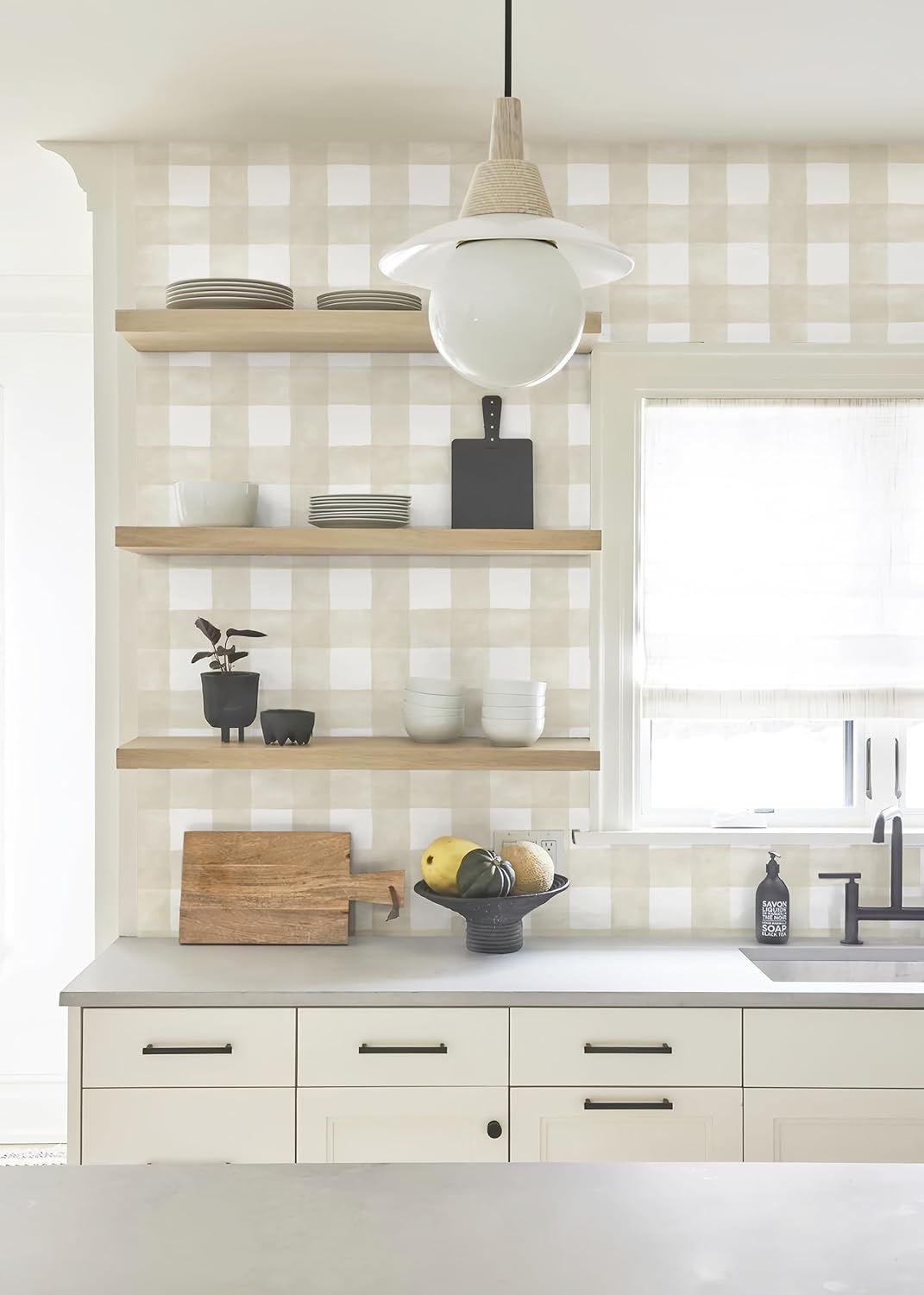 Peel and Stick Wallpaper Boho Modern Wall Paper Checkered Peel / 17.3 x 196.8 / Beige and White