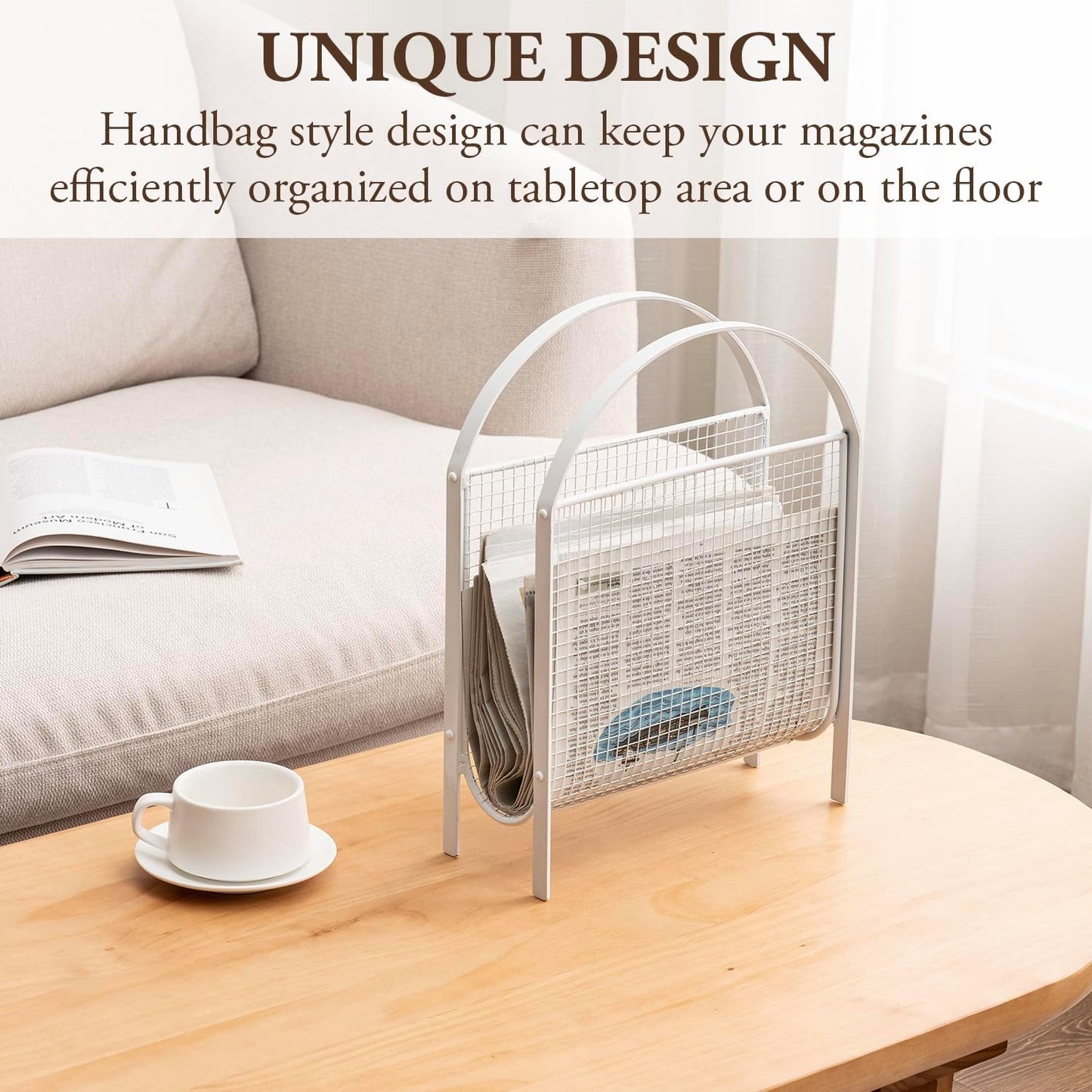 MyGift White Metal Mesh Magazine Rack, Mid Century Freestanding Holder | Sling-style storage keeps newspapers and