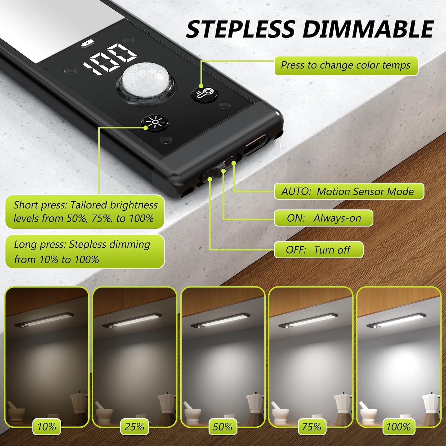 Mpotmiy 6-Pack 12" Wireless Under Cabinet Lights with Digital Display | Rechargeable motion sensor lights with 2200mAh