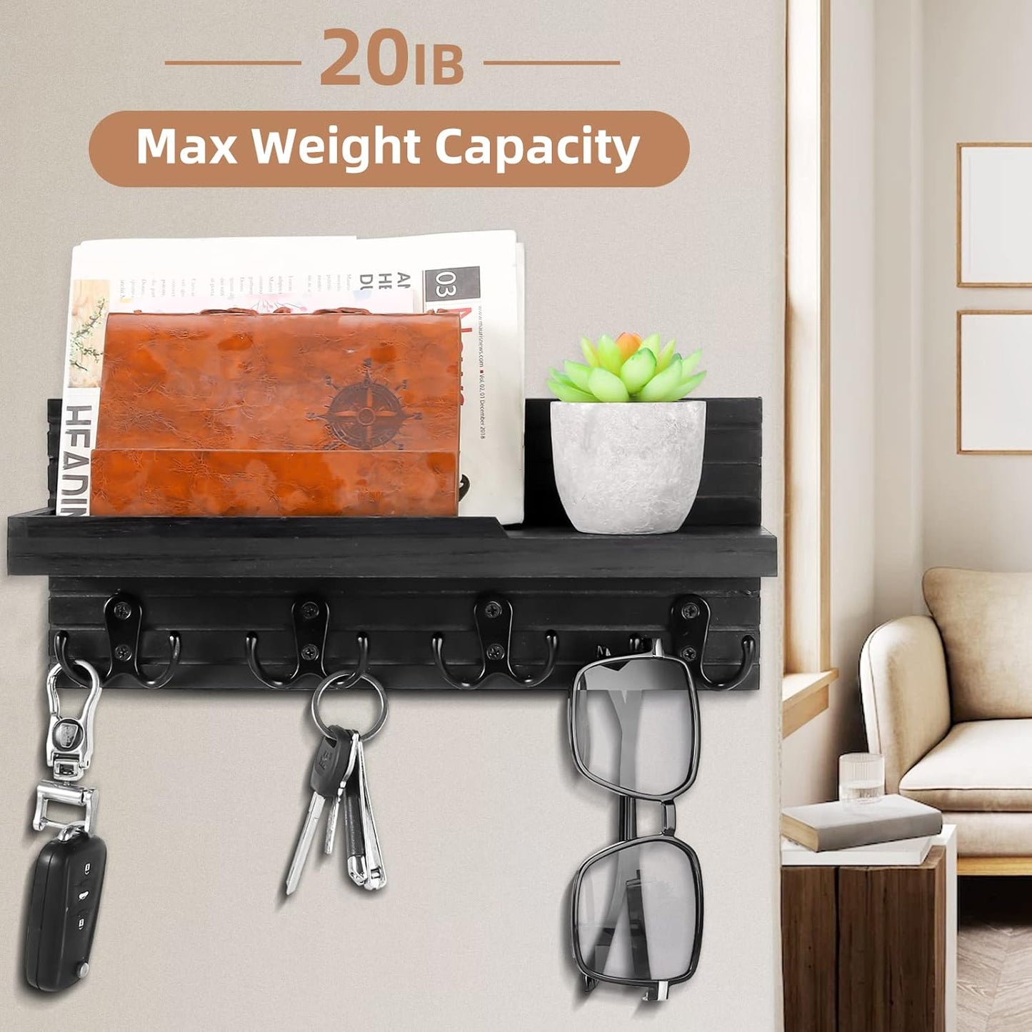 Easy Install Natural Wooden Key and Mail Holder / Carbon Black