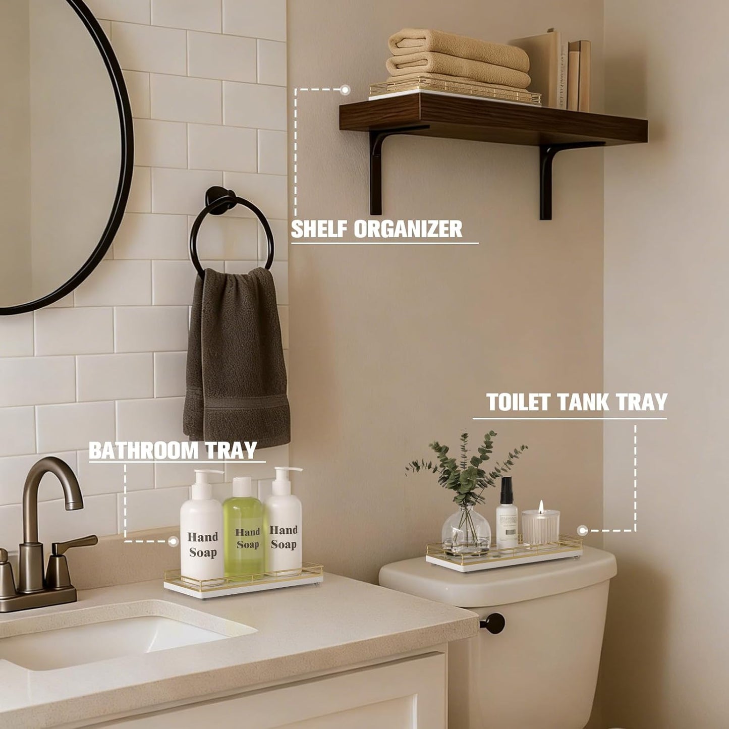 Oak Wood Toilet Tank Tray / 12 x 6 x 1.5 / Gold & White