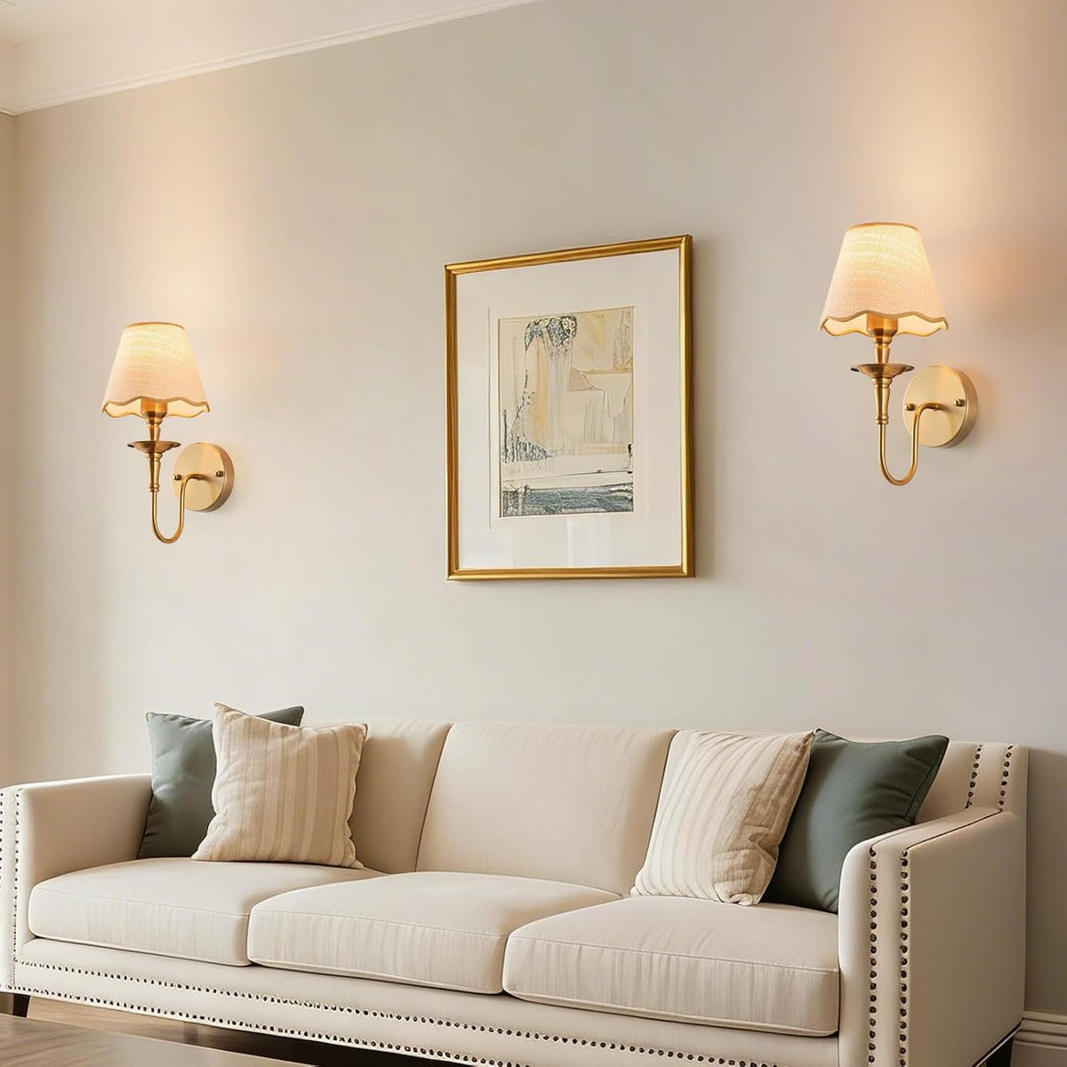 Battery Operated Wall Sconces Set of 2, Rattan Shade Wireless Wall Sconces, RGB Rechargeable Dimmable, Brass-Color