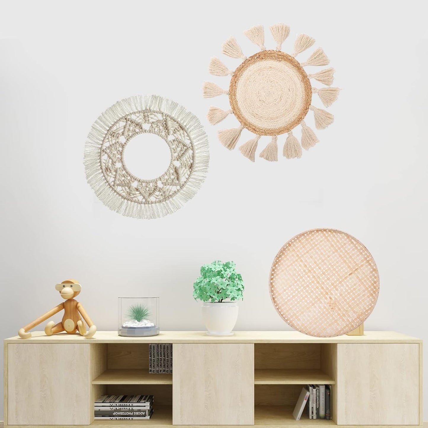 Boho Wall Basket Decor / Style 1 / Beige / Set of 3