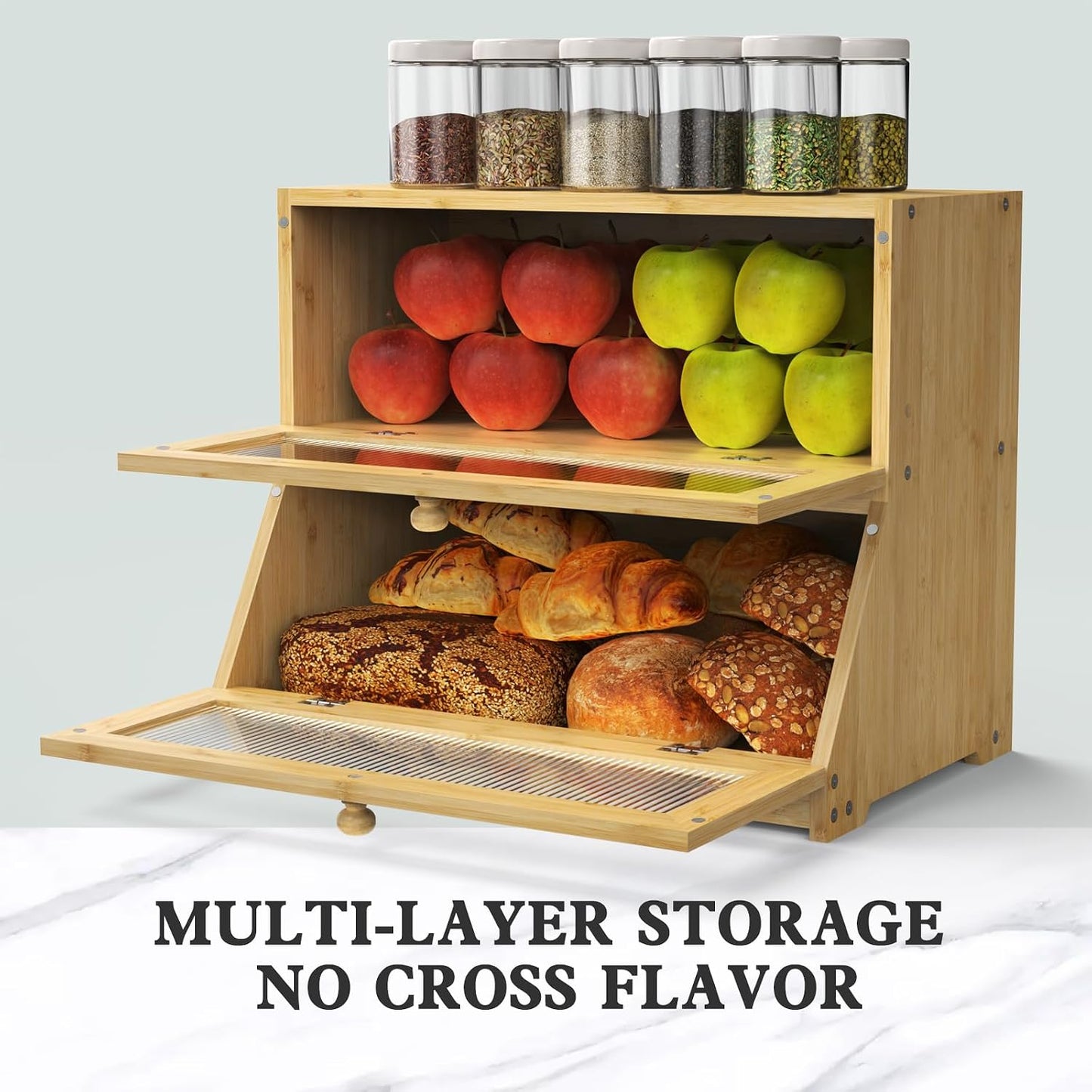 LOHASOK Bread Box for Kitchen Countertop, Wood Color | 2-layer, Bamboo, Large, Farmhouse Bread Container Holder