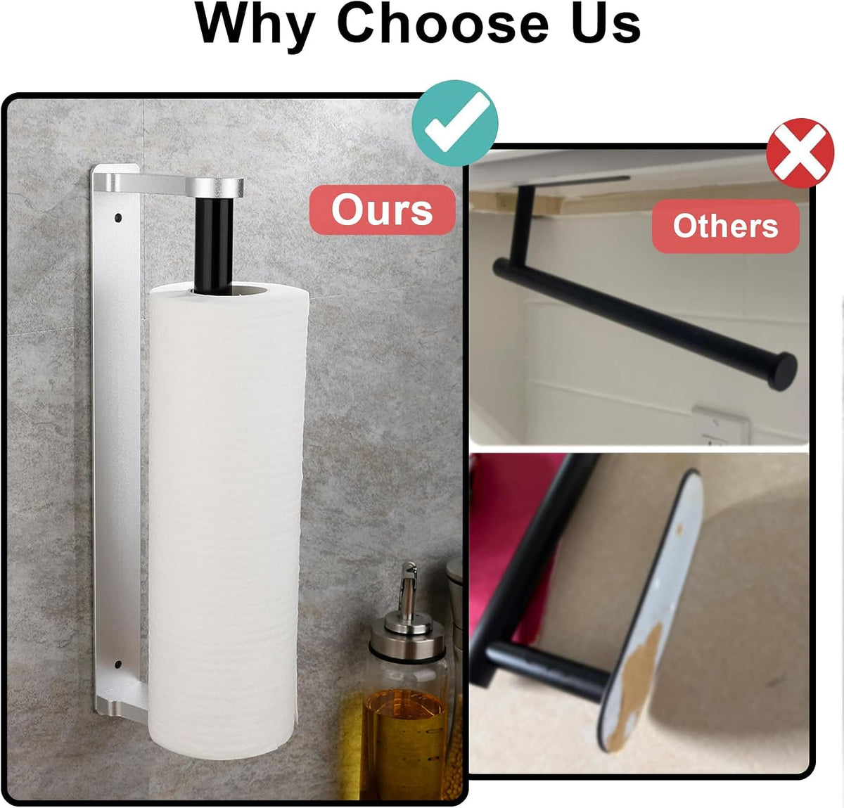 MONEER Paper Towel Holder Under Cabinet, Paper Towel Holder, Aluminum Alloy Kitchen Towel Holders, Self Adhesive
