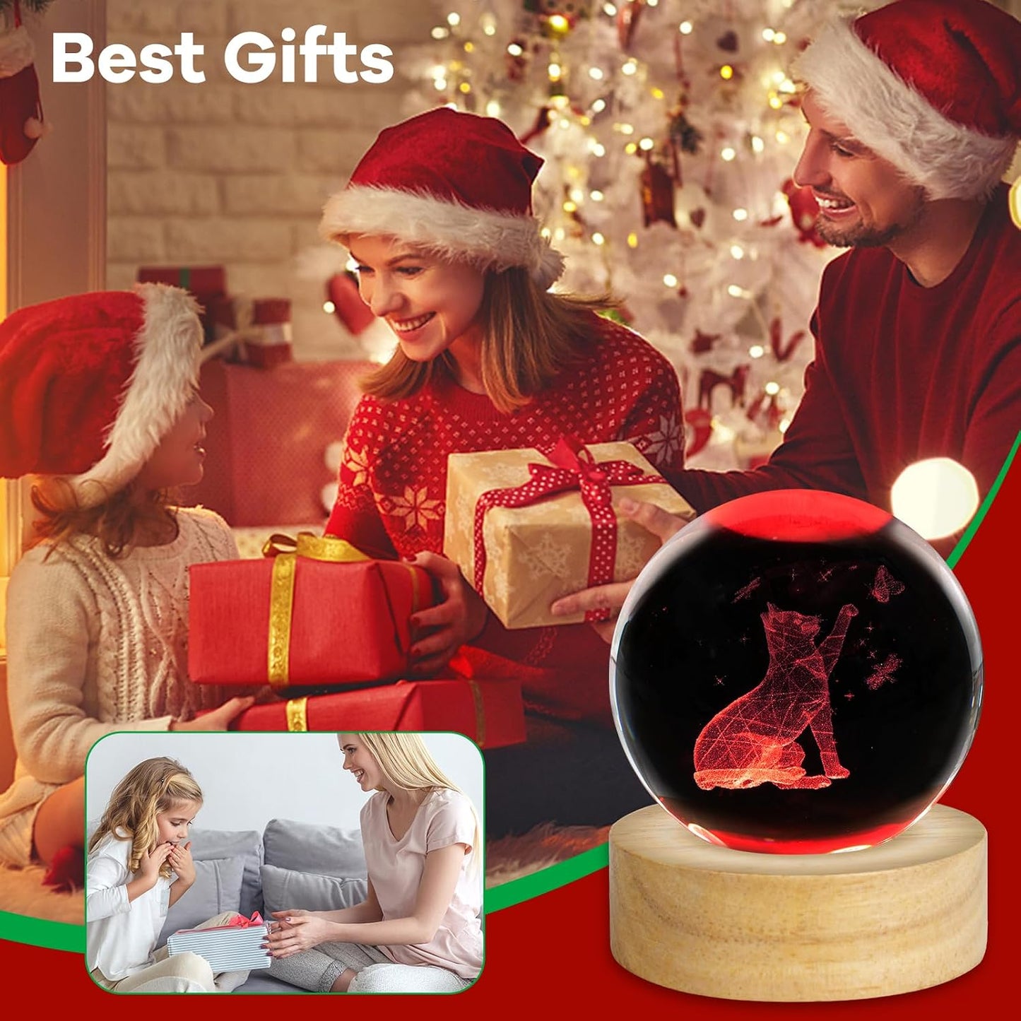 3D Crystal Ball Night Light Table Lamp Decor / Cat / 2.4 Inch
