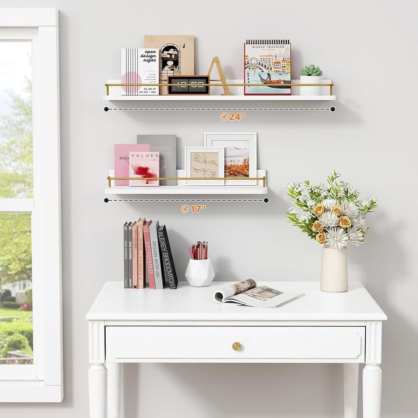 Forbena 24 Inch Bathroom Floating Shelves for Wall Set of 3, Gold Bathroom Shelves Over Toilet Wall Mounted with Rail