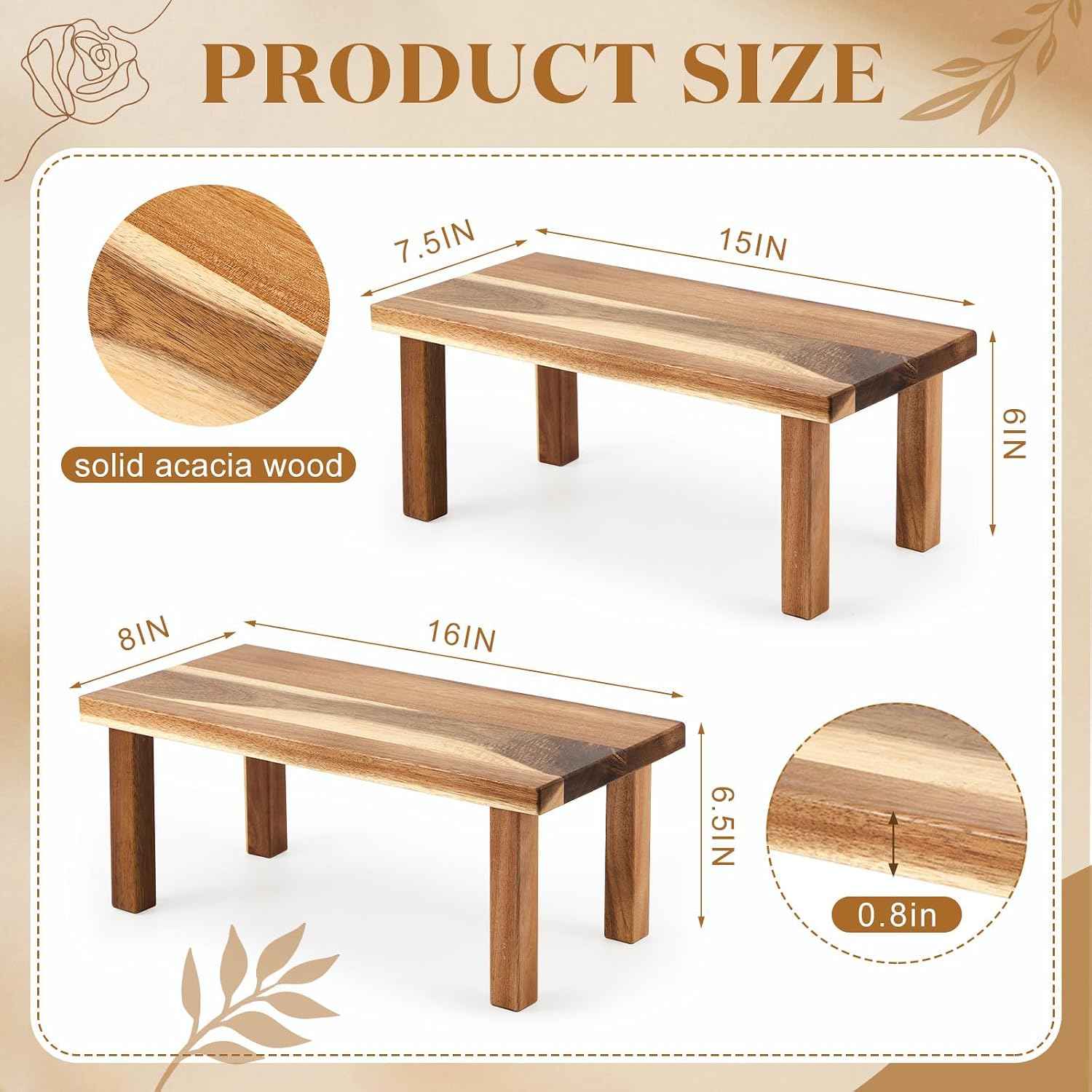 Extra Large Acacia Wooden Riser Wooden Countertop Organizer Display Shelf / 15 x 7.5 x 6 / Set of 2