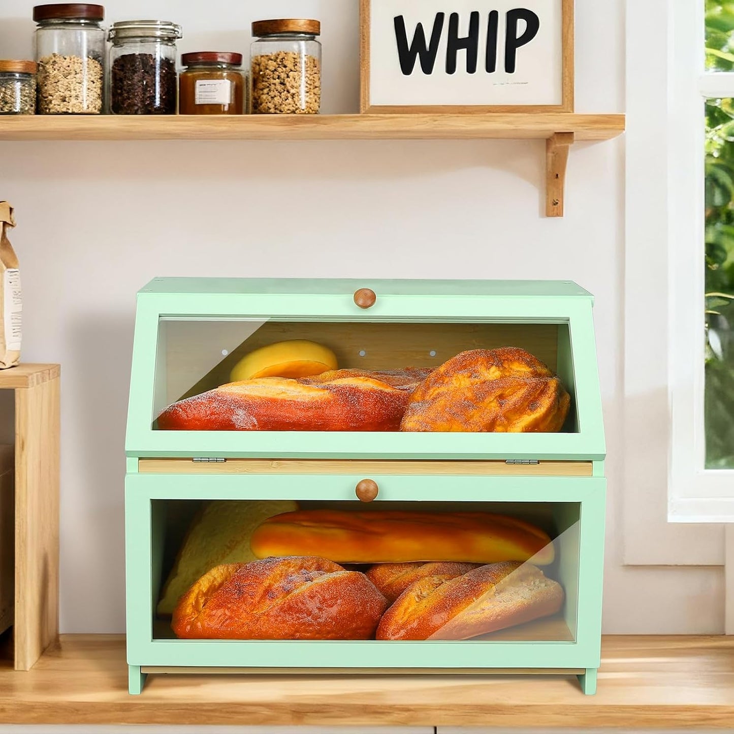 HOMEKOKO Double Layer Bread Boxes for Kitchen Countertop, Mint Green | Keeps Bread Fresh 3-4 Days, Large Capacity Fits