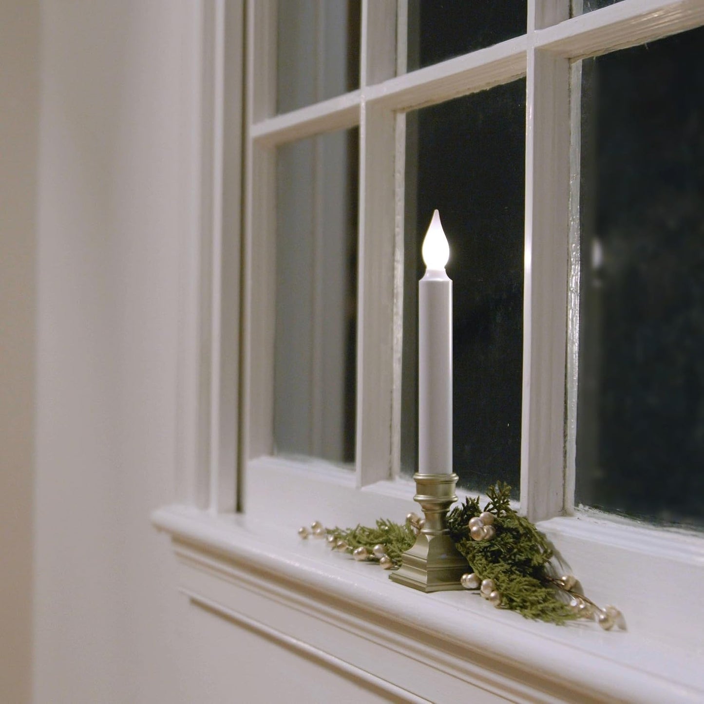 Bright White LED Battery Operated Window Candles, Pewter 4-Pack | Automatic Timer, Bright Hot Spot, Weighted Plastic