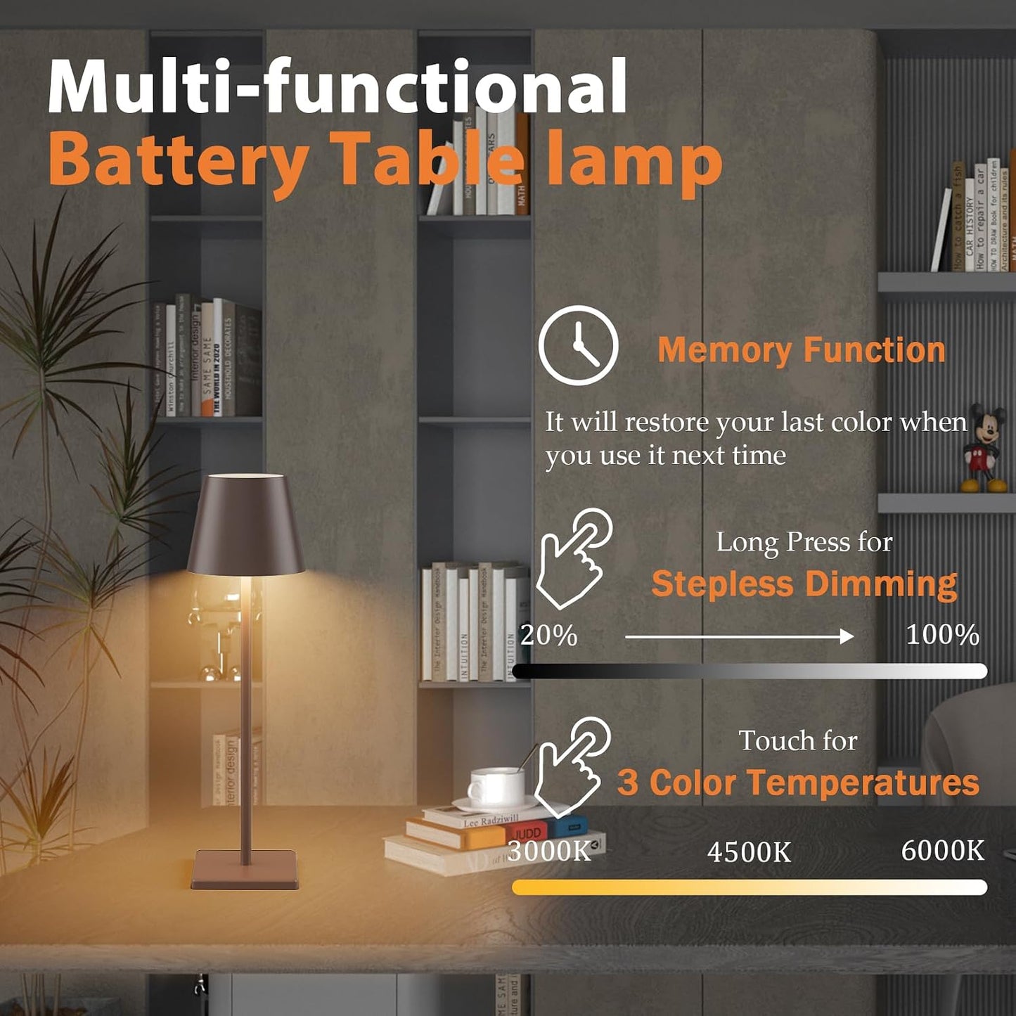 2 Pack LED Rechargeable Table Lamp Bronze, Portable 5500mAh Battery Powered Bedside Lamp, 3 Color Temperatures Stepless