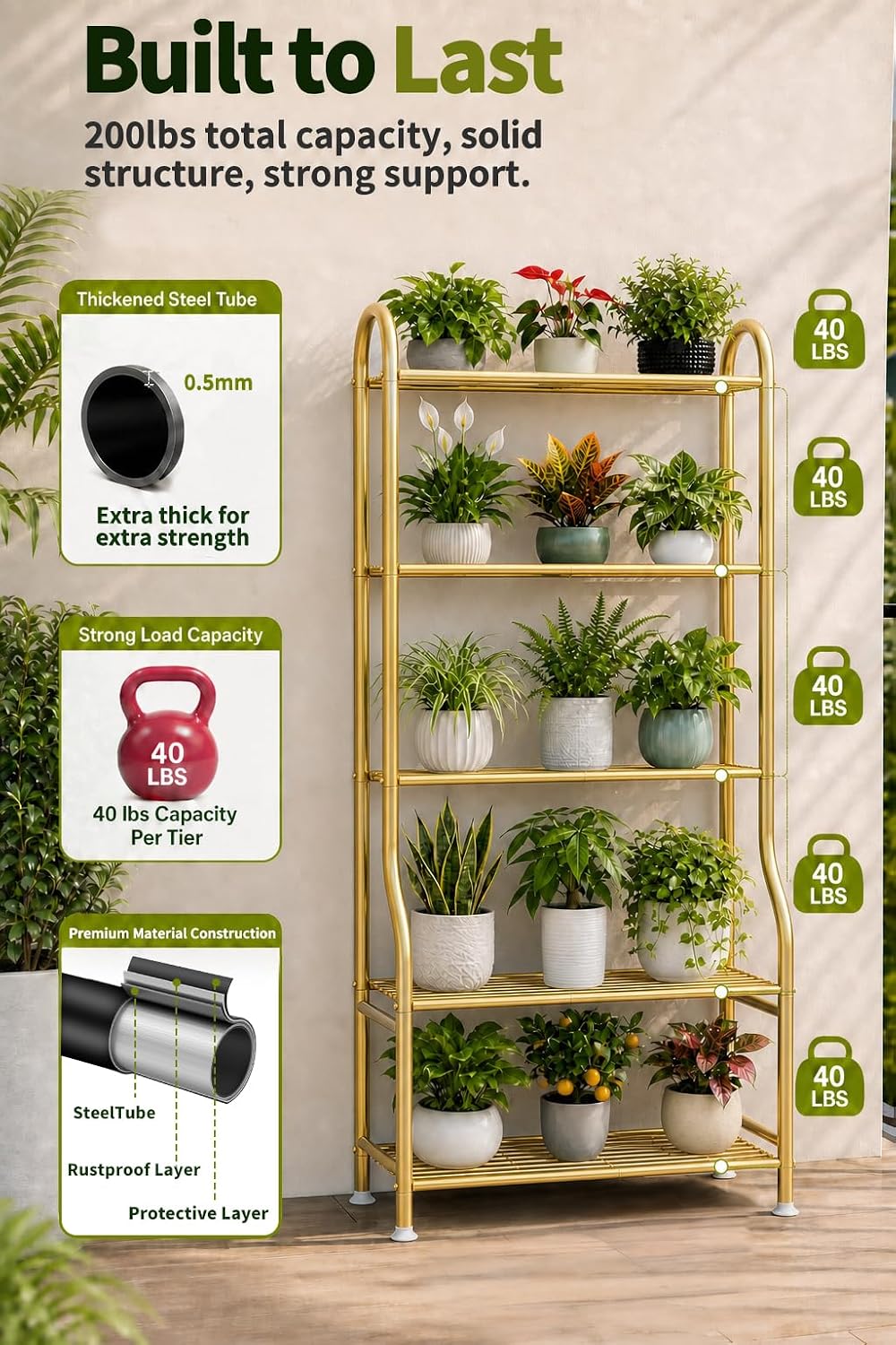 5-Tier Metal Plant Stand - Heavy Duty Indoor Outdoor Flower Shelf for Multiple Pots, 65" Tall Vertical Holder with
